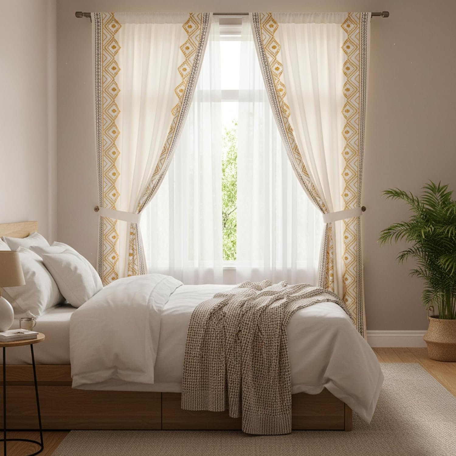 ColorBird Boho Spring Curtains for Living Room Apartment Decor, Two Pages Yellow and Brown Embroidered Decorative Textured Rod Pocket 63 Inch Curtains & Drapes for Dining Room Bedroom