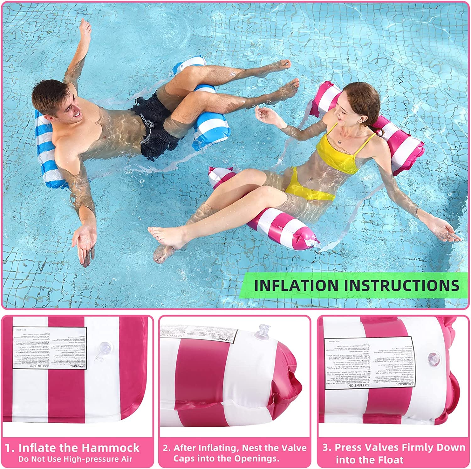 WUBAYI 2 Pack Pool Inflatable Water Hammock,Swimming Pool Floats 4 In 1 Floating Chair For Adults Kids Lounge Chair,Blue&Pink - Image 3