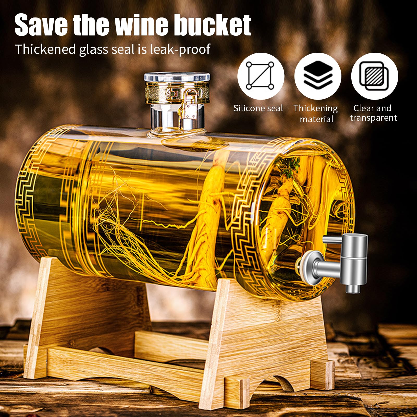Glas Weinfass mit Hahn, Whisky Dekanter Set mit Ständer, Fassförmiger Getränkespender aus Glas 3-5L, Liquor Dispenser, Glaskaraffe Spender, Ausgießer, Spender für Whisky, Brandy, Säfte, Limonade (E)