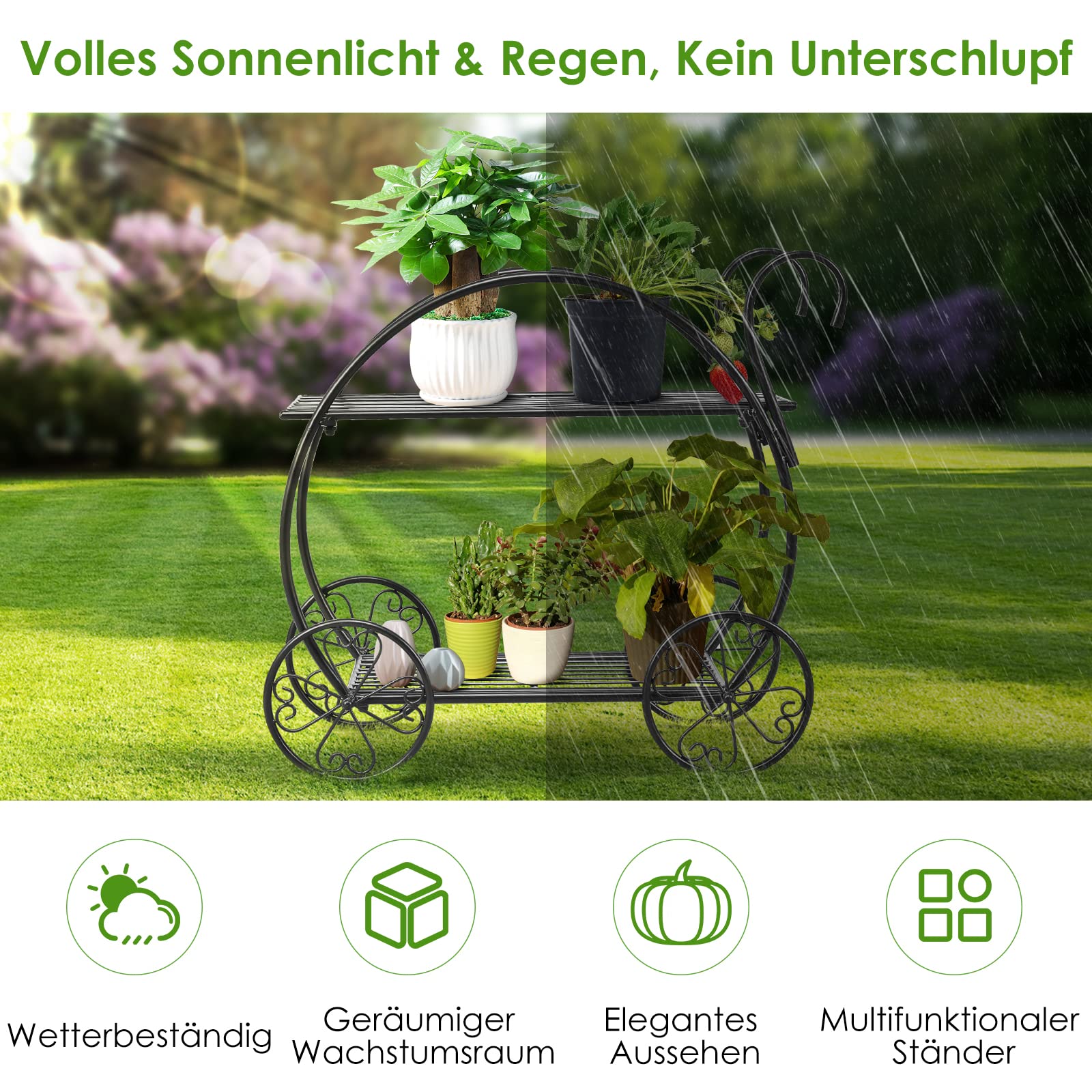 RELAX4LIFE Blumenregal 2-Stufig, Pflanzenständer Metall, Blumenständer mit Dekorativen Rollen, Blumentreppe Freistehend, Pflanzentreppe für Balkon Terrasse Garten, 66 x 34 x 62,5 cm, Schwarz