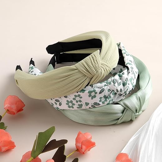 3 tiaras femininas com nó doce, bandanas florais largas, estampadas, acessórios de cabelo modernos para mulheres (azul celeste)