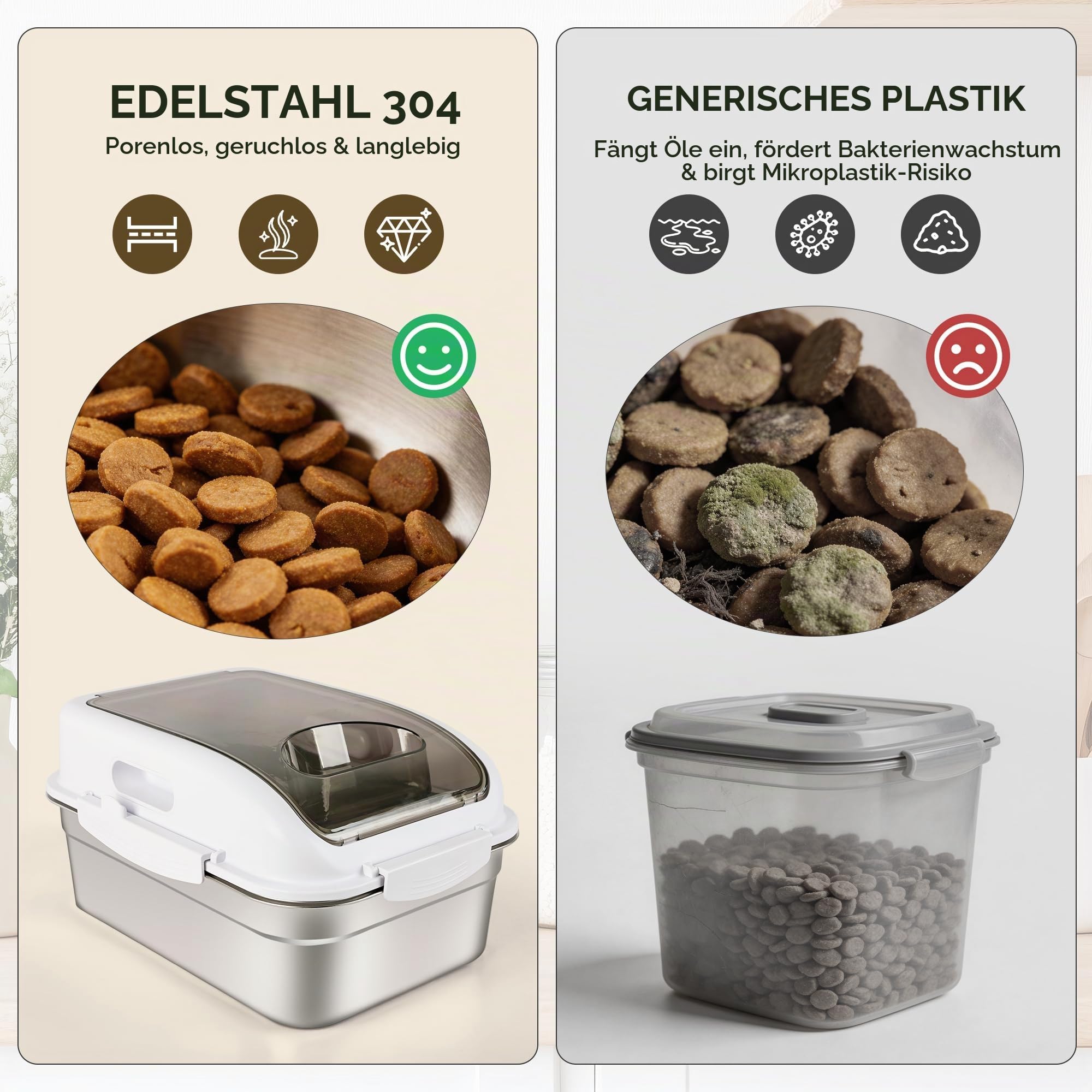 ALL FOR PAWS Aufbewahrungsbehälter für Tierfutter aus Edelstahl mit luftdichtem Deckel und Messlöffel, 304 Edelstahl-Behälter für kleines Hundefutter & Leckerlis, Katzenfutter, Vogelfutter (10L)