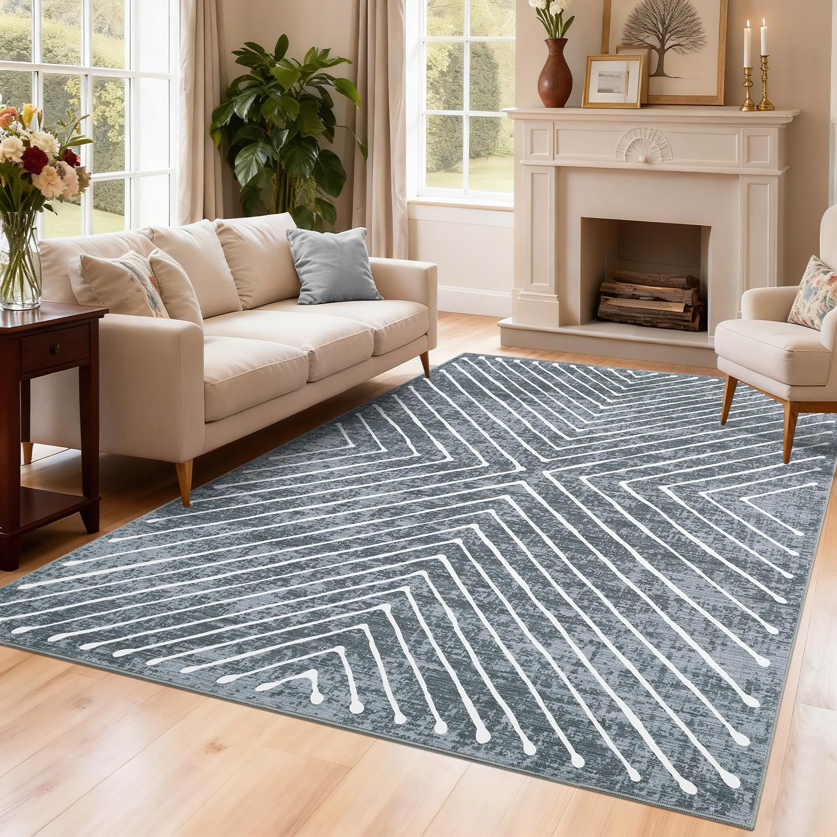 ROYHOME Washable Area Rug 6x9 – Modern Geometric Low Pile Rug with Non-Slip Backing, Soft Neutral Carpet for Living Room, Bedroom, Dining Room & Home