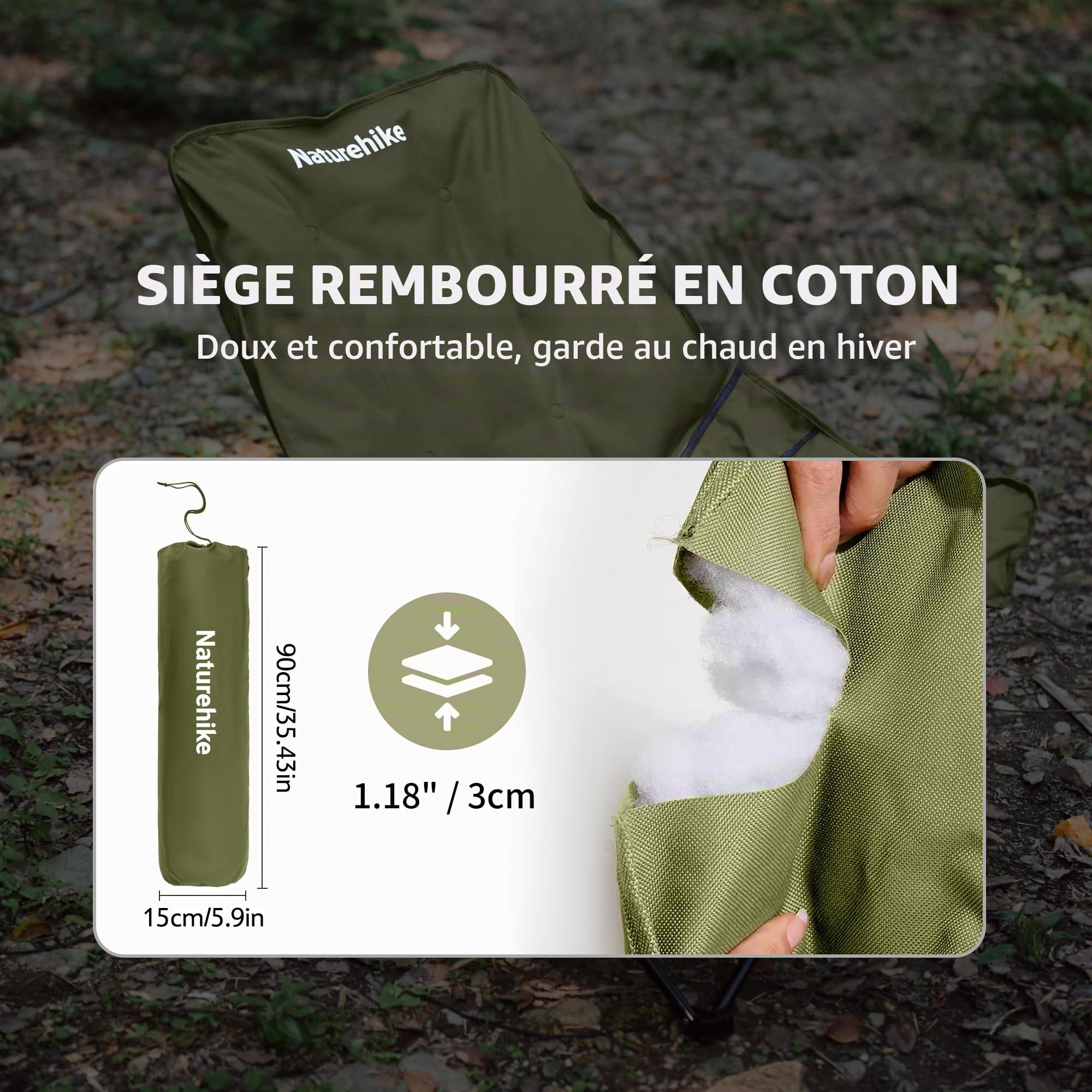 Naturehike Chaises de camping de luxe pour adultes - Portable - Dossier haut - Pliable - Confortable - Rembourré - 3 cm - Charge maximale : 120 kg - Réglable - Vert