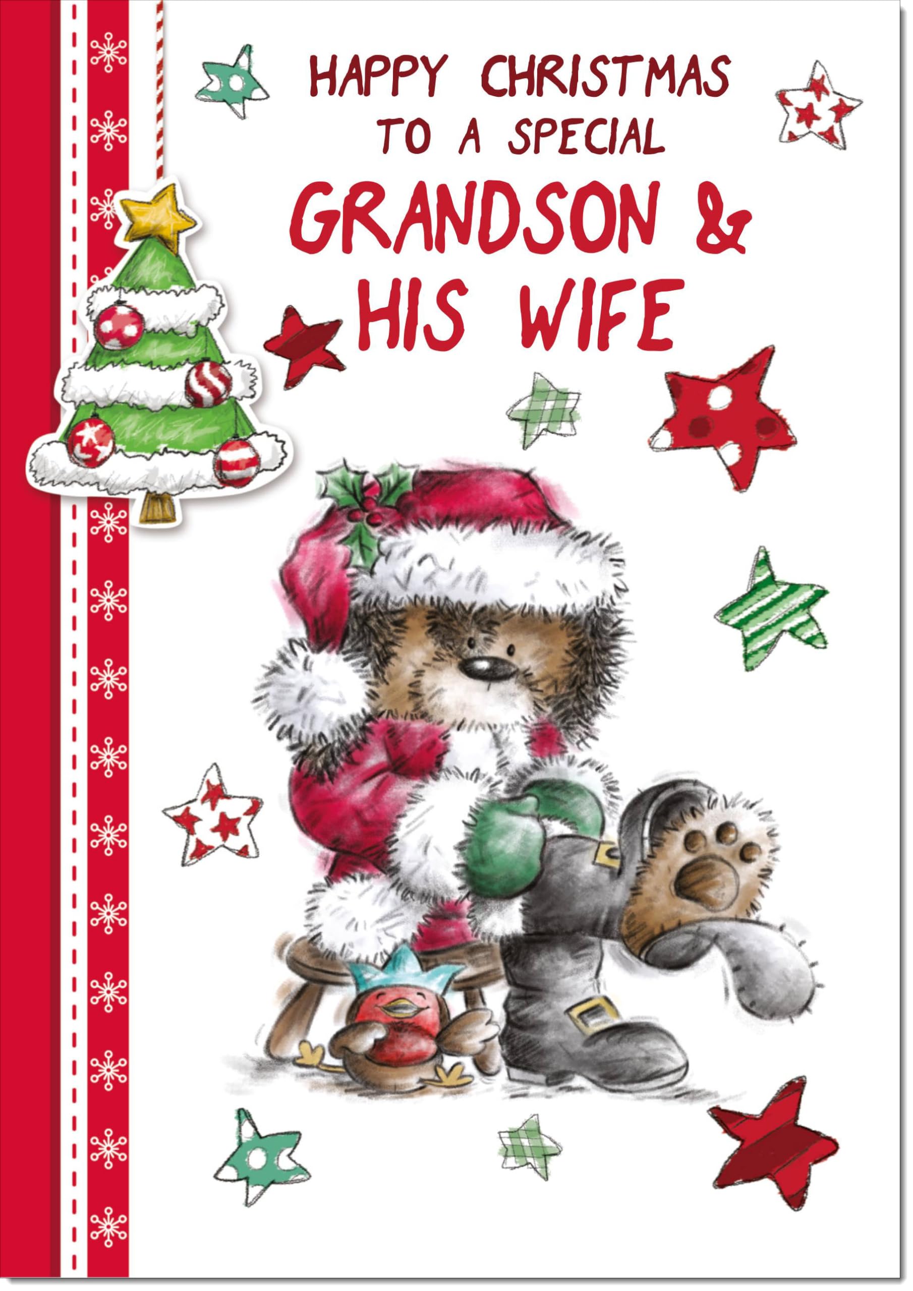 doodlecards Grandson and Wife Christmas Card Cute Bear Large A4 Size Christmas Card for Grandson & Wife with Plain Envelope — image 1