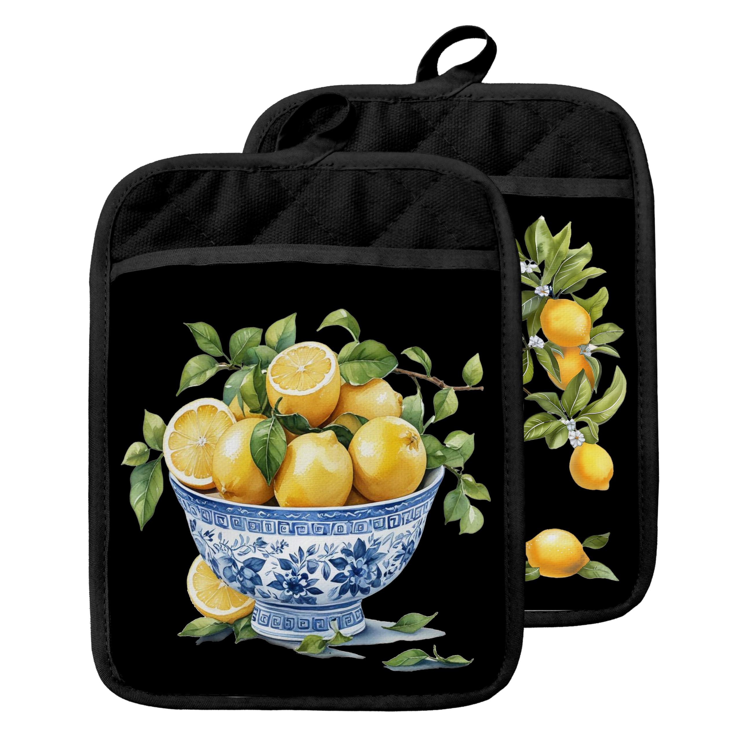 Chinoiserie Topflappen mit Taschen, blau und weiß, Grandmillennial Zitronenbaum, Ofen-Topflappen, hitzebeständig, Ofenhandschuhe, heiße Pads für Küche, Backen, Kochen