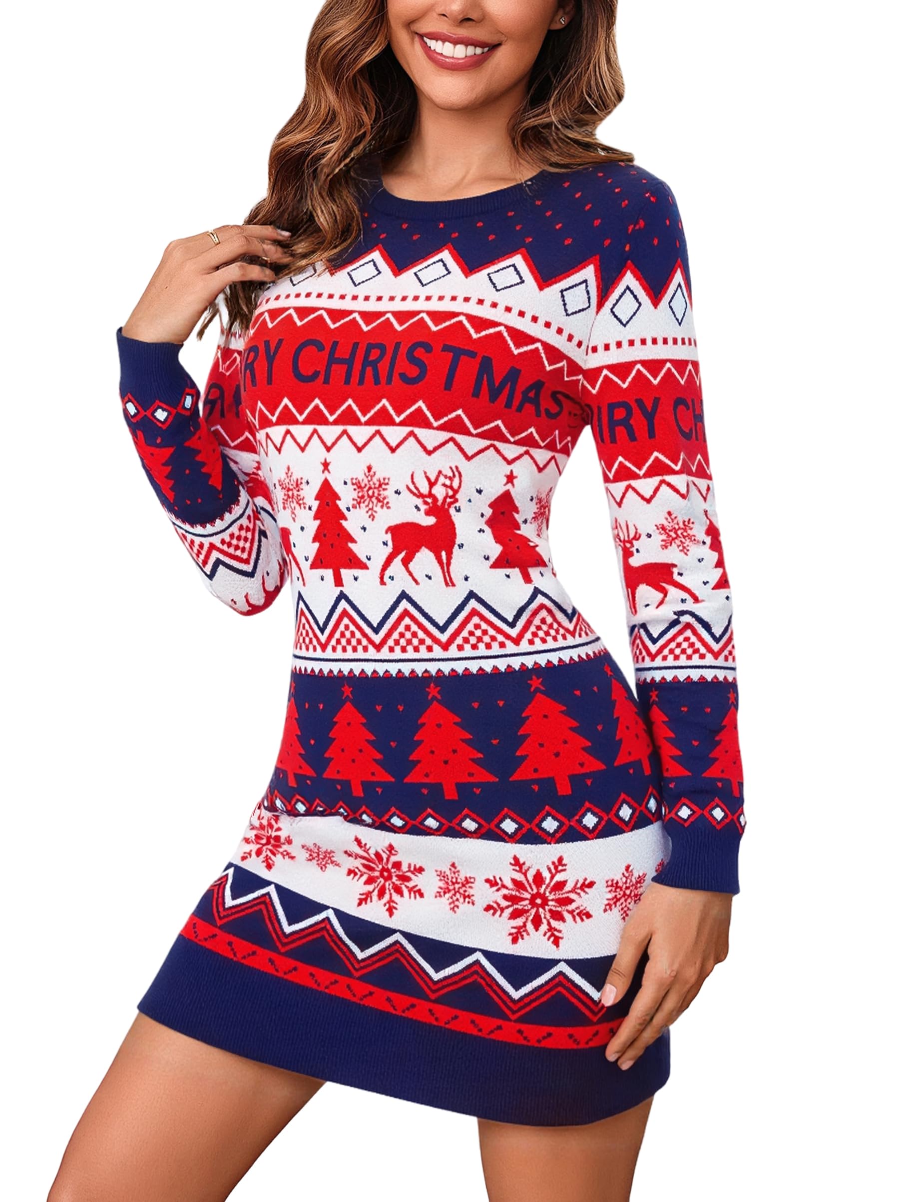 Bresdk Strickkleid Damen Weihnachten Langarm Pulloverkleid Knielang Elegant Winterkleid Strickpullover