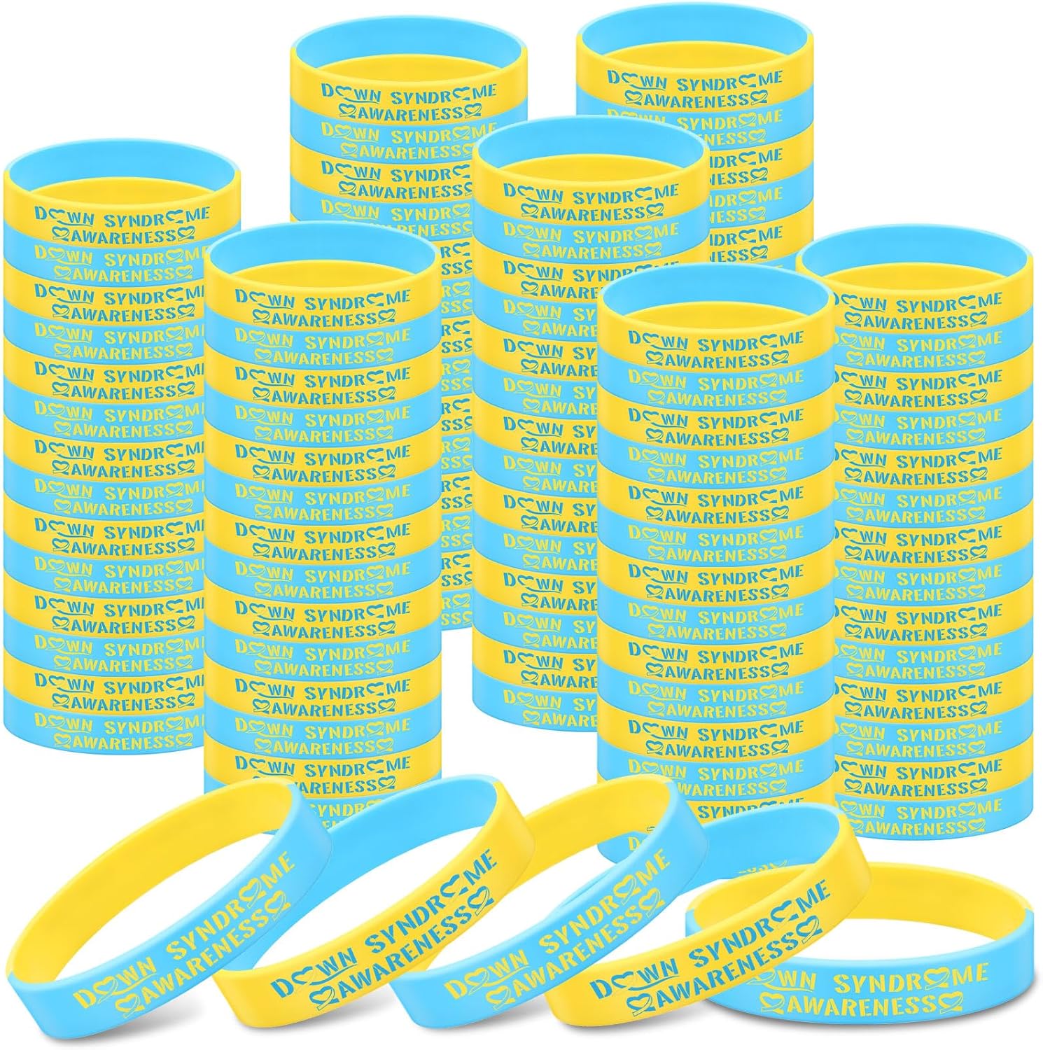 Simgoing 300 Pcs Down Syndrome Awareness Silicone Bracelet Wristband Stretch Blue Yellow Down Syndrome Bracelet for Men Women Teen Unisex School Charity Campaigns Events Gifts Supplies