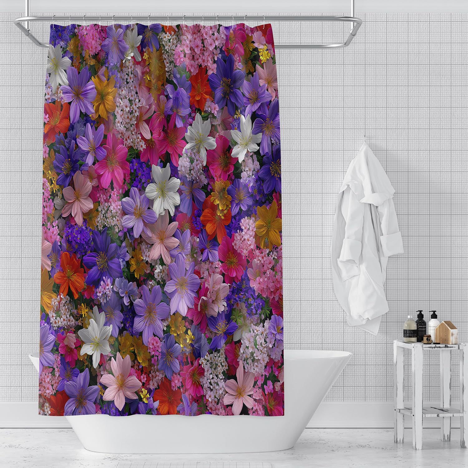 Cortina de Ducha Floral,Estilo Pastoral,con Flores Rosas,Amarillas,Blancas y Moradas,Impermeable,con Ganchos de Plástico,Fácil de Instalar y Lavable a Máquina,200Anx200Alcm (1 Panel).