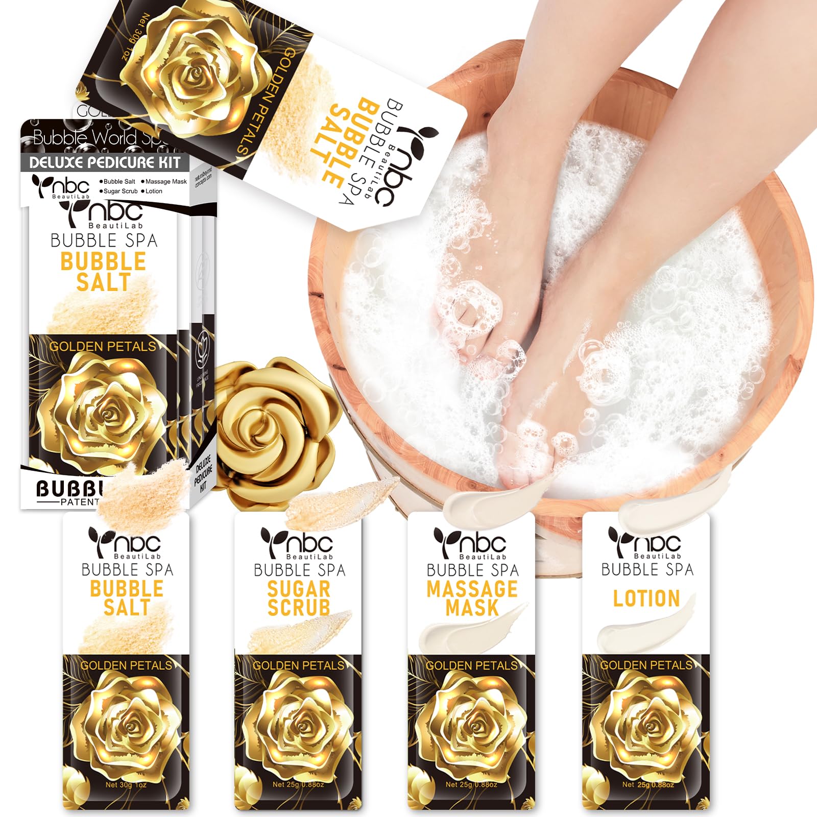 nbc BeautiLab Foot Soak Set: Bubble Salt, Sugar Scrub, Massage Mask, Massage Lotion in a Box
