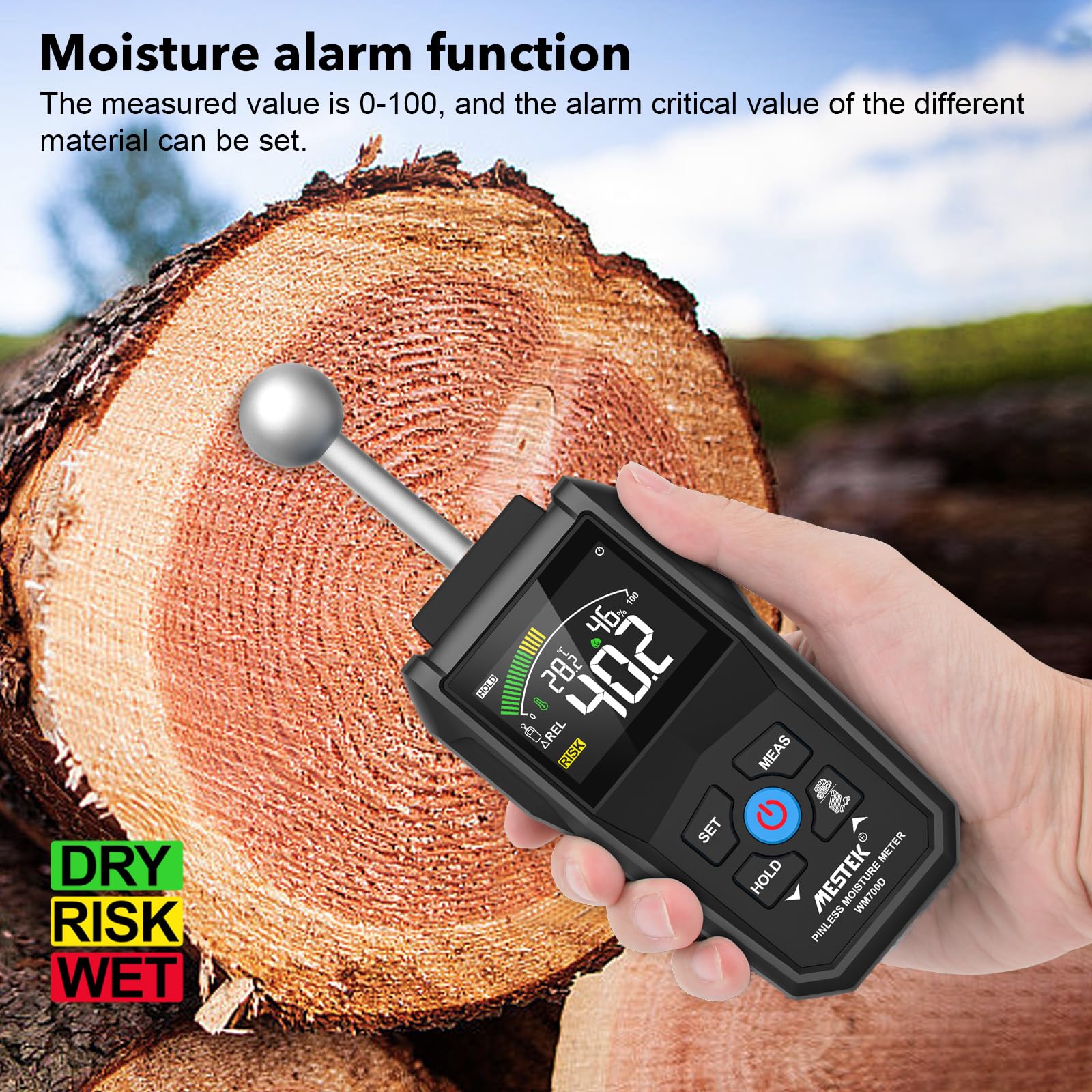 Misuratore di Umidità, MESTEK Igrometro,2 in 1 Misuratore Umidità Muri con LCD a Colori e Allarme Acustico, Profondità di Analisi 20-40 mm,per Legni, Parete, Pavimenti, Legno, Gesso