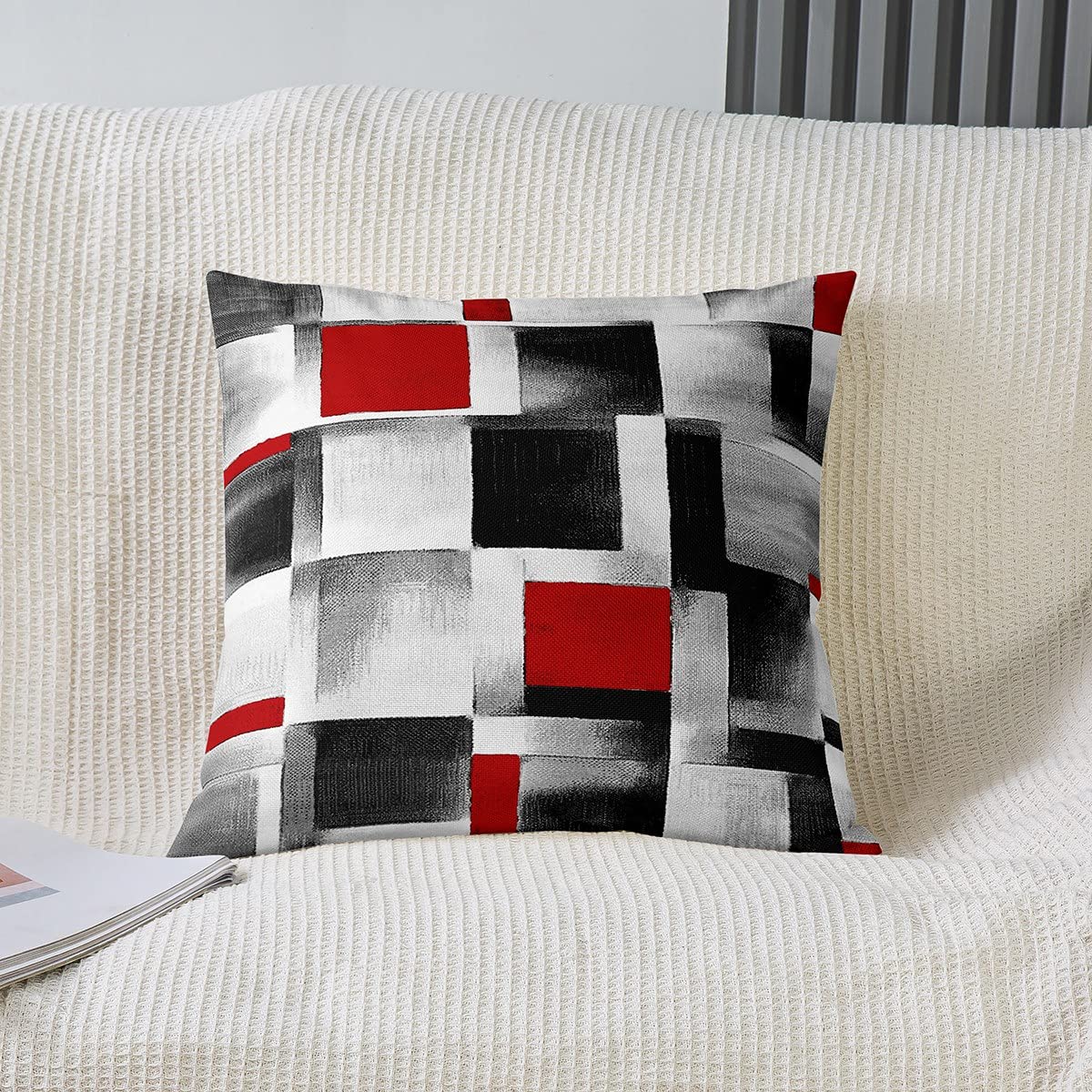 Loussiesd Red Grey Black Buffalo Check Square Cushion Covers Set of 1 Set Geometric Reversible Throw Pillow Covers Decor Stripe Line Pillow Covers Home Decor Modern Art 18x18 Inch - Image 2