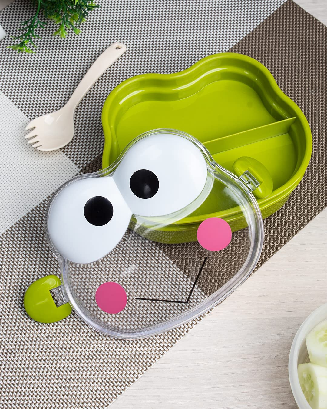 Market99 Plastic Double Layer Frog Shape Lunch Box with Spoon (550ml) | Green Leakproof Tiffin Box for Kids | Airtight Conatiner for School Children