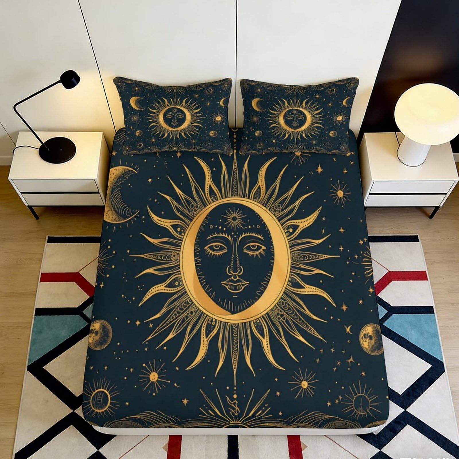 3D Printed Sun and Moon Fitted Sheet Microfiber Soft Breathable Celestial Pattern Bed Cover for Bedroom Dormitory Guest Room Mattress Protection 140x200x25cm