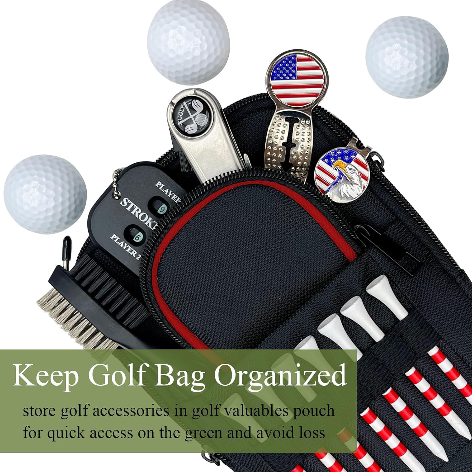 Golf-Wertsachen-Tasche – Golfball-Tasche, tragbarer Organizer, große Golf-Zubehör-Tasche für Gadgets, wie Golfbälle, Tees, Ballmarkt – Golf-Geschenk für Männer und Frauen (roter Rand)