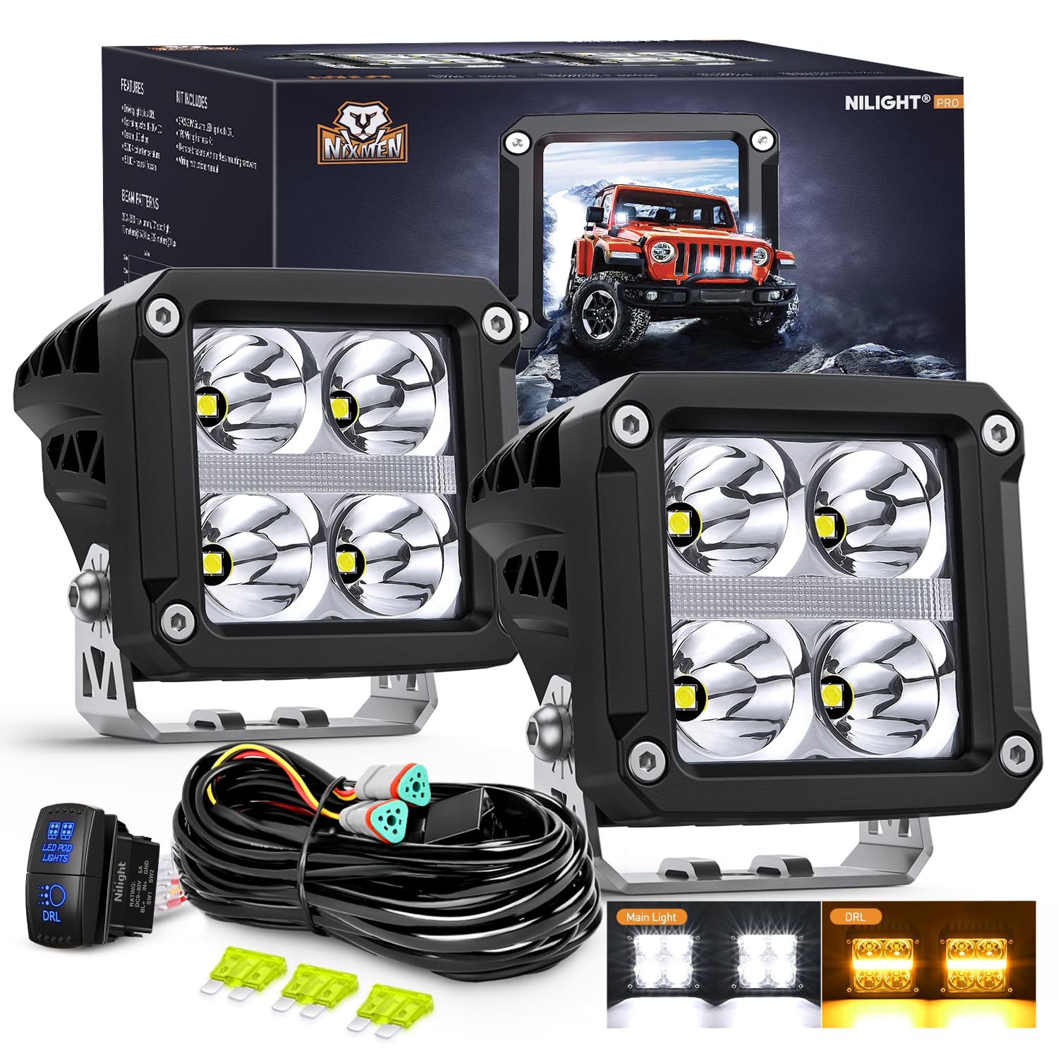 Nilight 3.2" Square LED Pod Light with Amber DRL 20W 2510LM