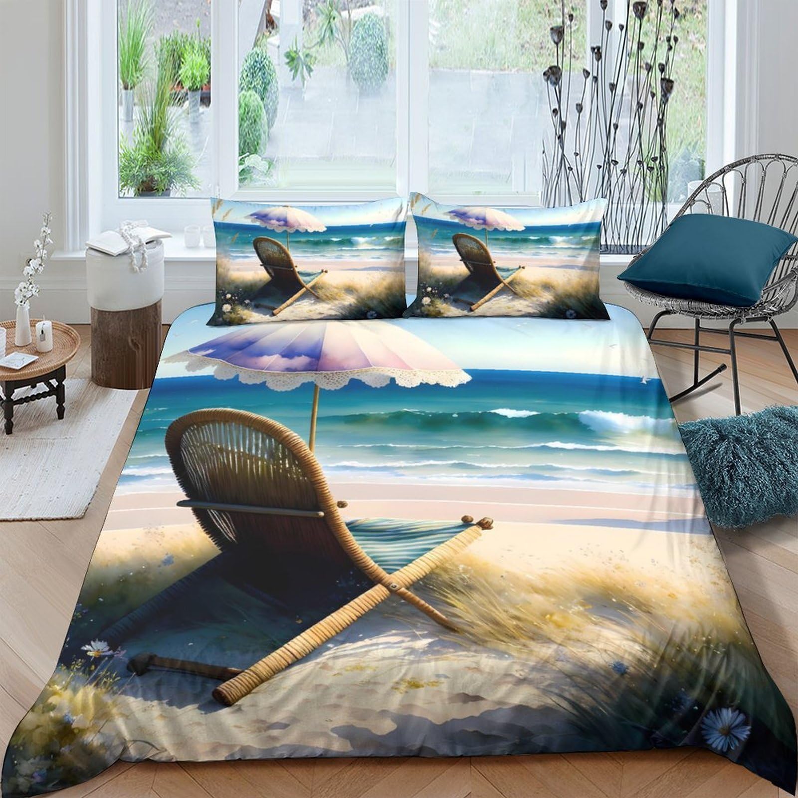 GPLZQXKJNH 3D Printed Beach Chair Duvet Cover Microfiber Sand Seaside Bedding Set with 2 Pillowcases for Bedroom Decor Single（135x200cm）
