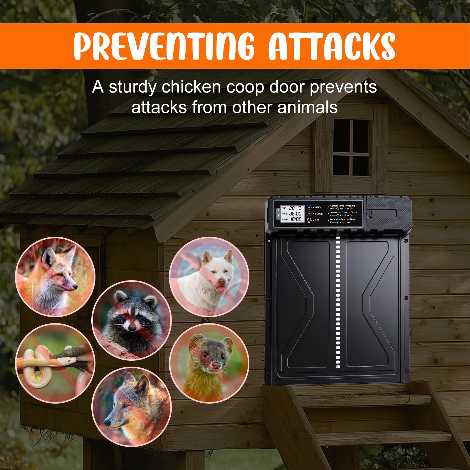 Batería automática de gallina, tamaño de aluminio puerta eléctrica de pollo con pantalla+temporizador+protección inteligente contra pellizcos Modo manual, funciona con pilas (pilas no incluidas)