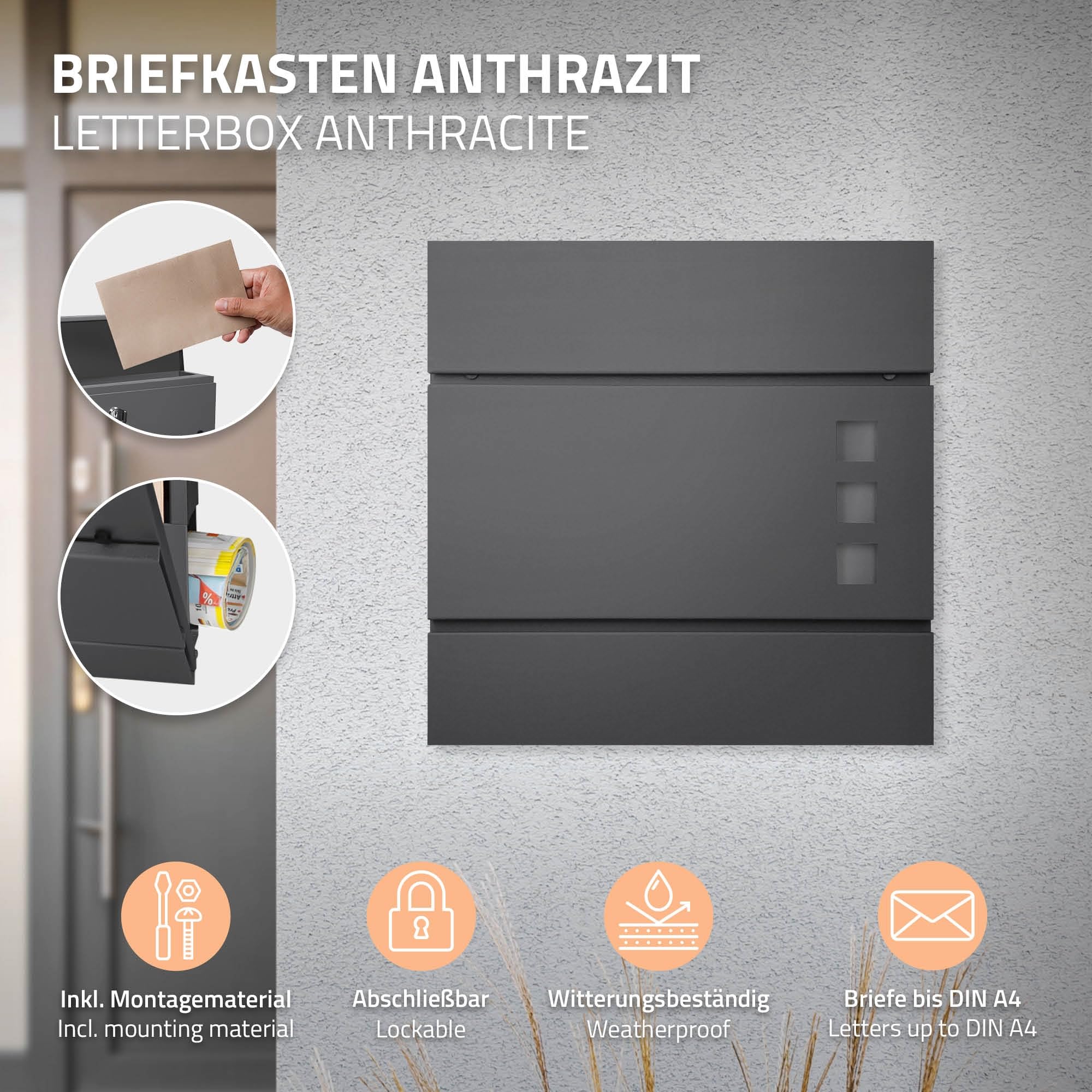 ECD Germany Buzón de Acero Inoxidable Exterior con Soporte Poste 120cm Casillero Antracita 37x10,5x36,5cm, Moderno con Compartimento para Periódicos, Placa de Identificación Cerradura con Llave