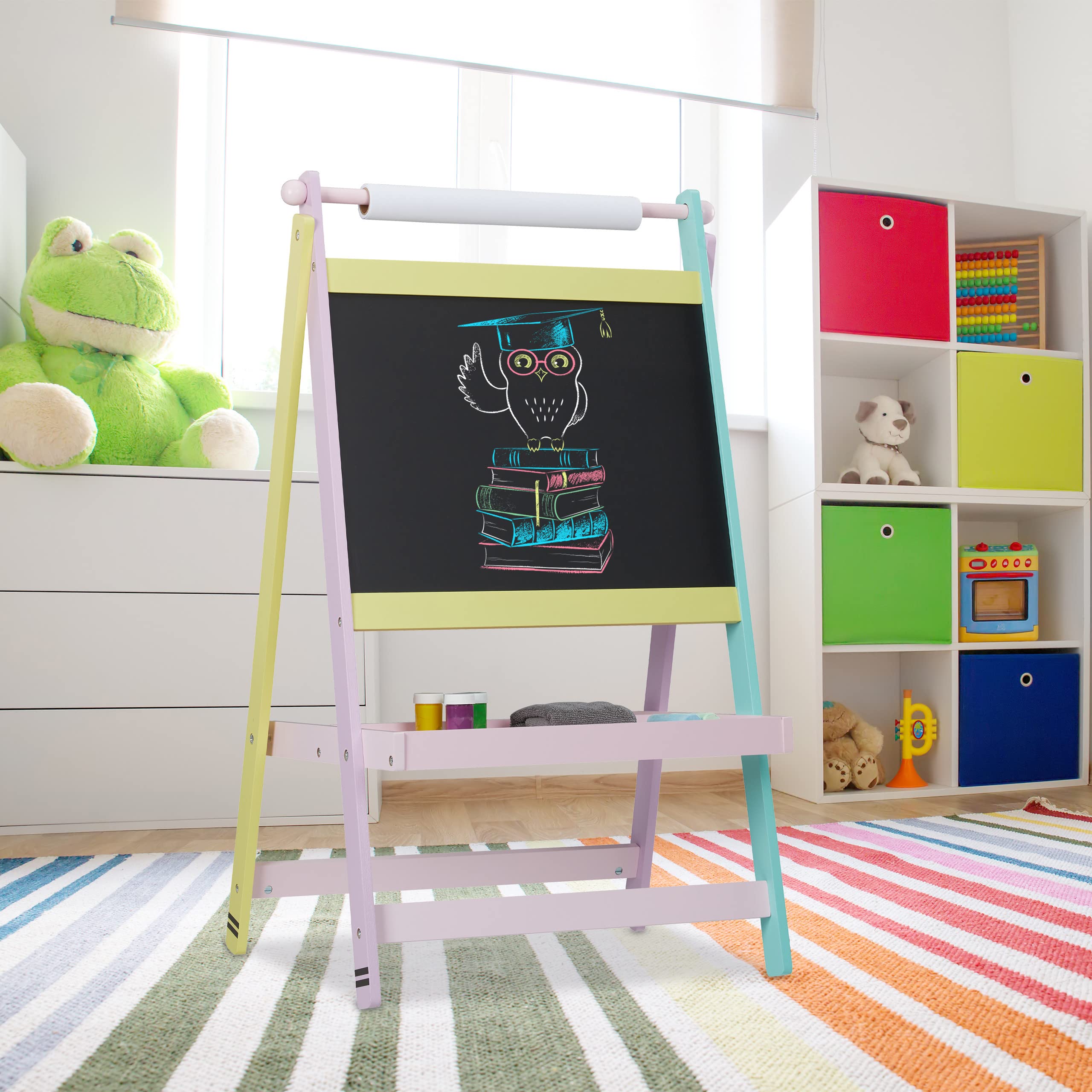 Relaxdays Pizarra Infantil Diseño Ceras, 2 en 1, Rollo de Papel, Pintar, Dibujar, Tablero Tizas, 90x56x42 cm, Multicolor