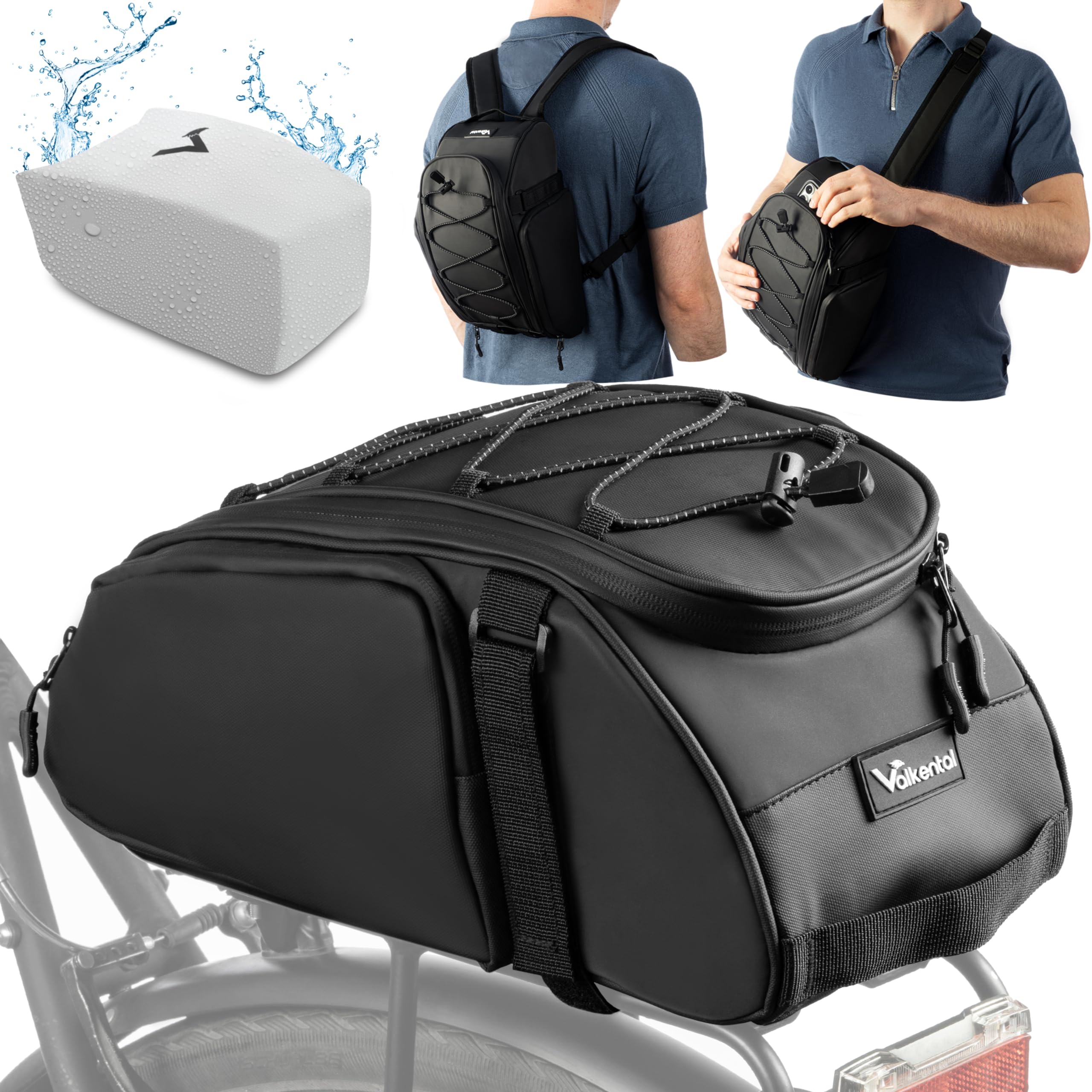 Valkental - Bolsa 3 en 1 para Parrilla de Bicicleta - Volumen de 10L - Bolsa para portaequipajes Aislante con función de Mochila - Resistente al Agua & Reflectante