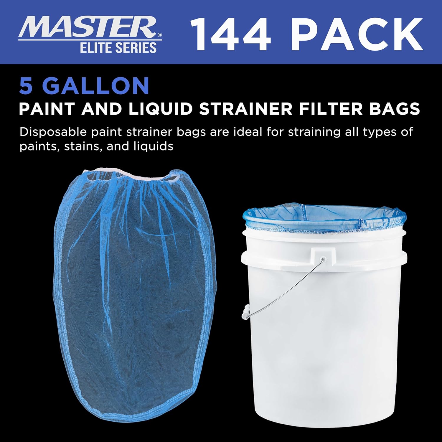 Master Elite 5 Gallon Paint & Liquid Strainer Filter Bag with Pure Blue Fine Nylon Mesh, Pack of 144 - Used in 5 Gallon Buckets, Disposable Filtering Bag, Elastic Top Opening - Hydroponics, Gardening
