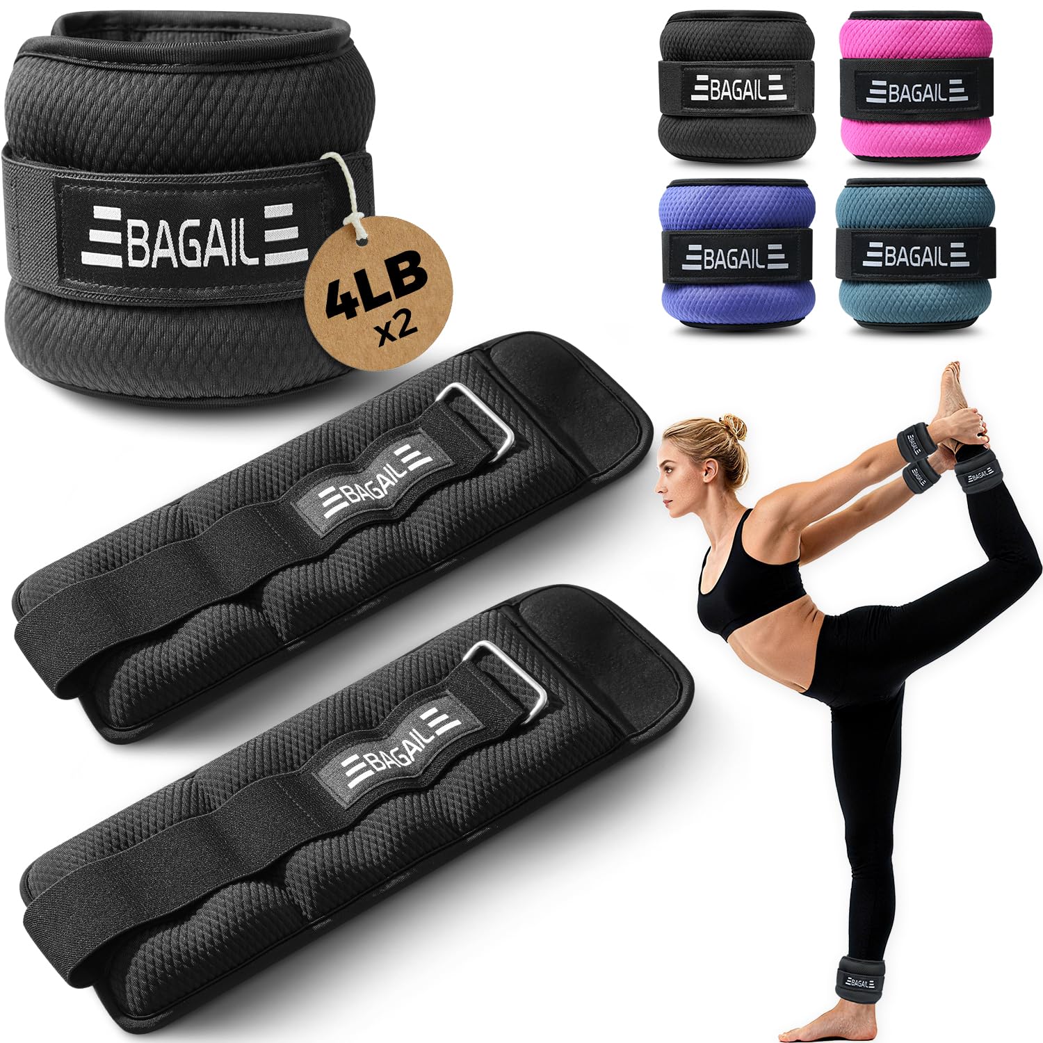 BAGAIL Ankle and Wrist Weights Set (1.81kg x 2) - Arm & Leg Weights for Men and Women - Adjustable Size, Secure Fit and Sleek Design for Walking, Running, Home Workouts & Physical Therapy - Black