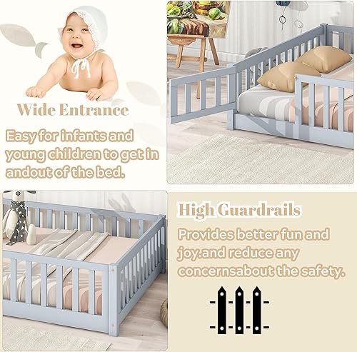 Miniatura 13 de Harper & Bright Designs Cama de suelo tamaño Queen con valla y puerta, marco de cama Montessori de madera para niños, niñas, listones incluidos, no