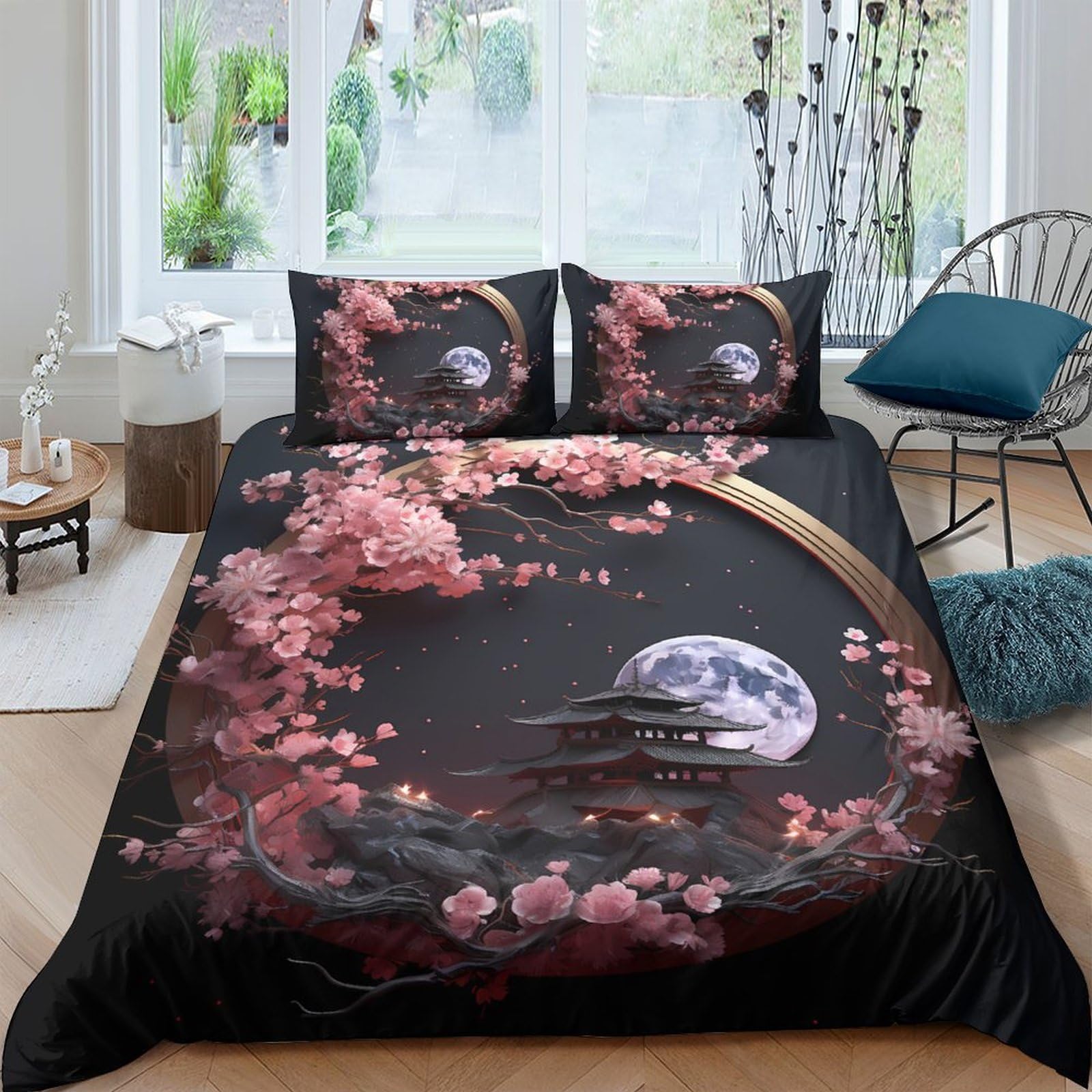 Ctjqhvkz Style-1 3D Printed Cherry Blossom Moon Fitted Sheet Microfiber Soft Black Bed Cover For Bedroom Guest Room Dorm Decor Single（135X200cm）