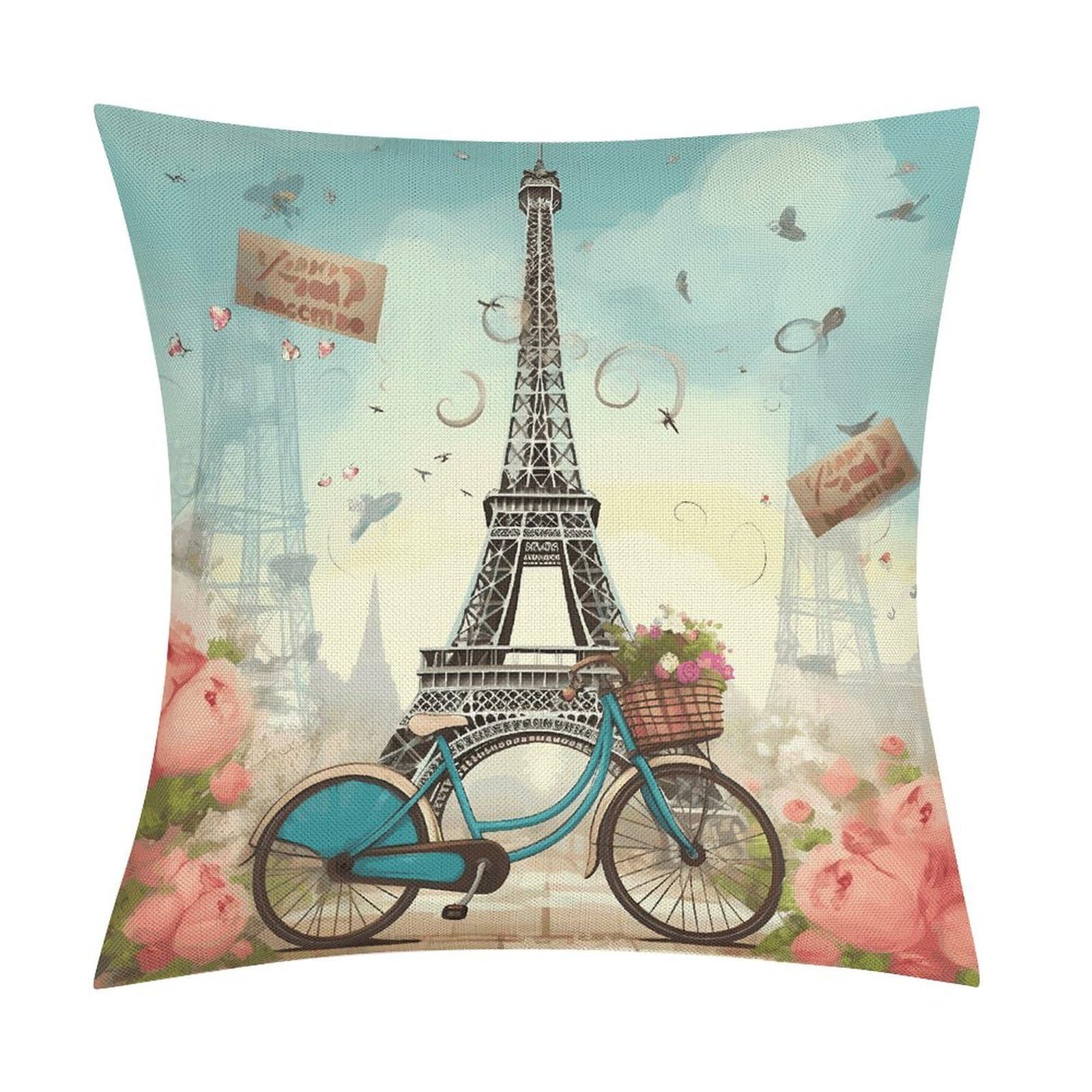 Fodpand Style Eiffel Tower Bike Pillow Covers 18X18 Inch, Pillow Cases Boho Farmhouse, Throw Pillow Covers For Couch Sofa Bed Spring Home Decor