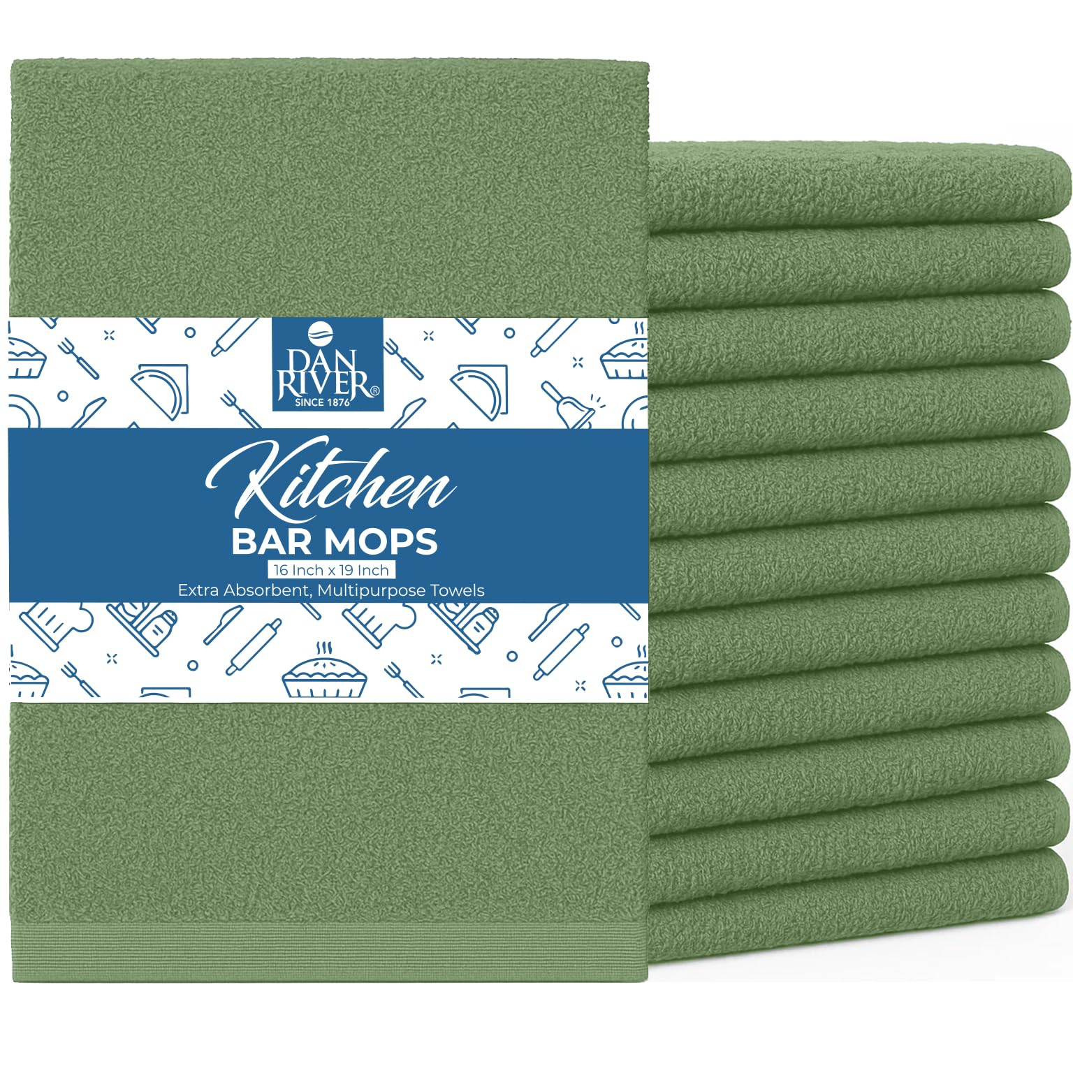 DAN RIVER Kitchen Bar Mops,Pack of 12,16 by 19 Inches,100% Cotton Super Absorbent,Multi-Purpose Cleaning Towels for Home and Kitchen Bars-Sage Green