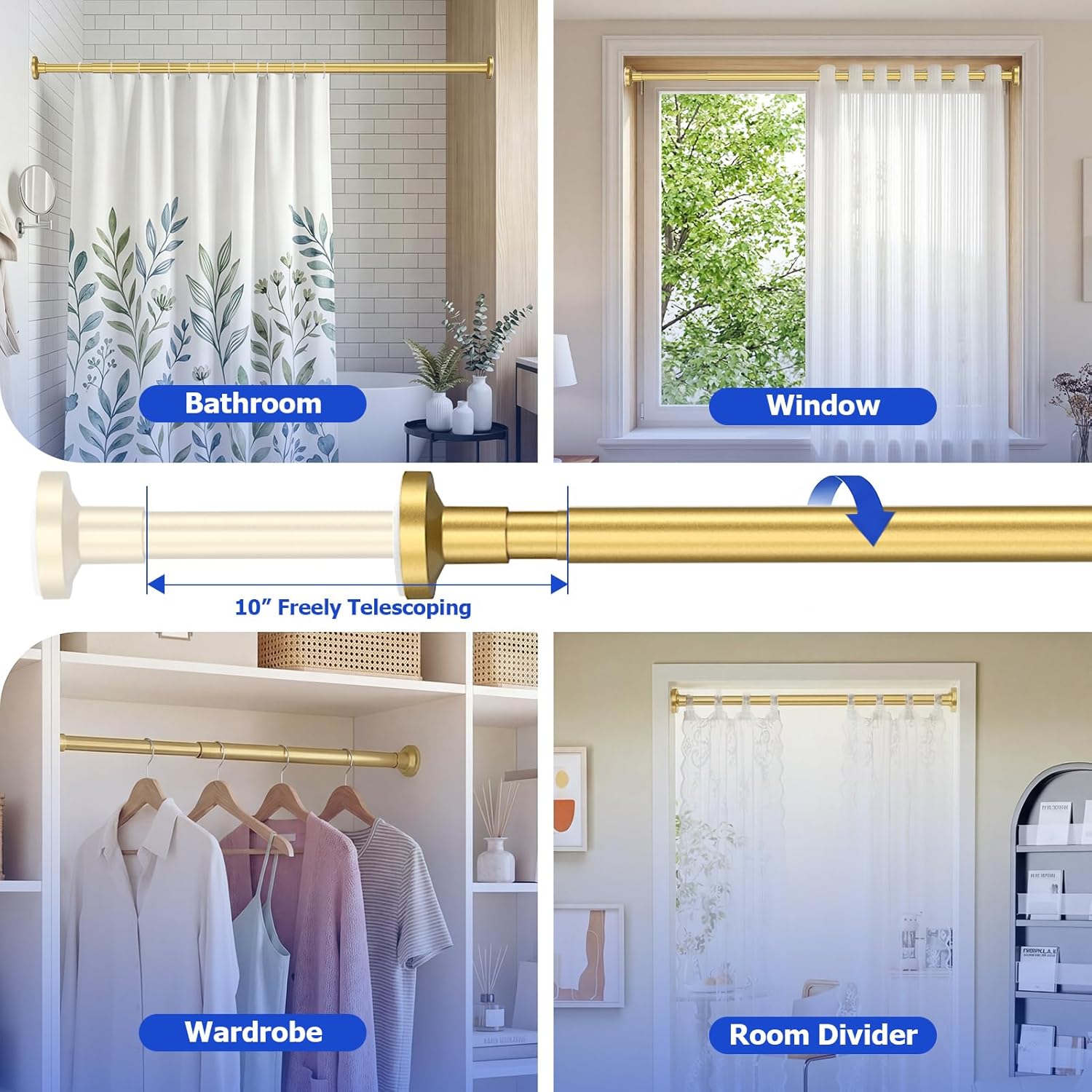 Bonpally Shower Curtain Rod, Adjustable 32-75 Inches Spring Tension Rod, Non-Slip No Drilling Stainless Steel Shower Rods for Bathroom Window Room Divider, Never Rust, Gold