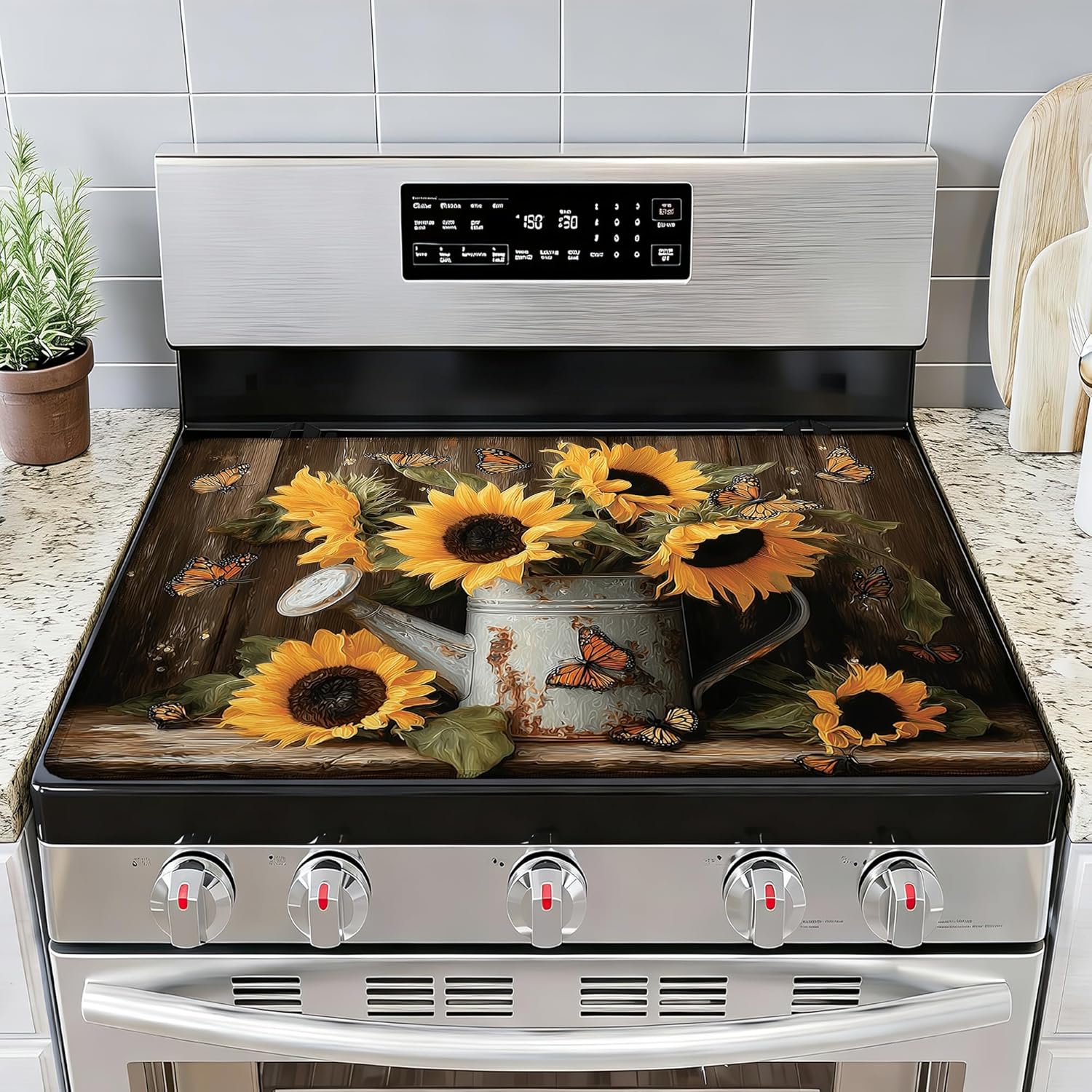 Anti-Slip Electric Stove Top Cover, 28"x20" Foldable Heat-Resistant Glass Stove Cover, Multi-Scenario Use Dish Drying Mat, Rusty Sunflower Butterfly