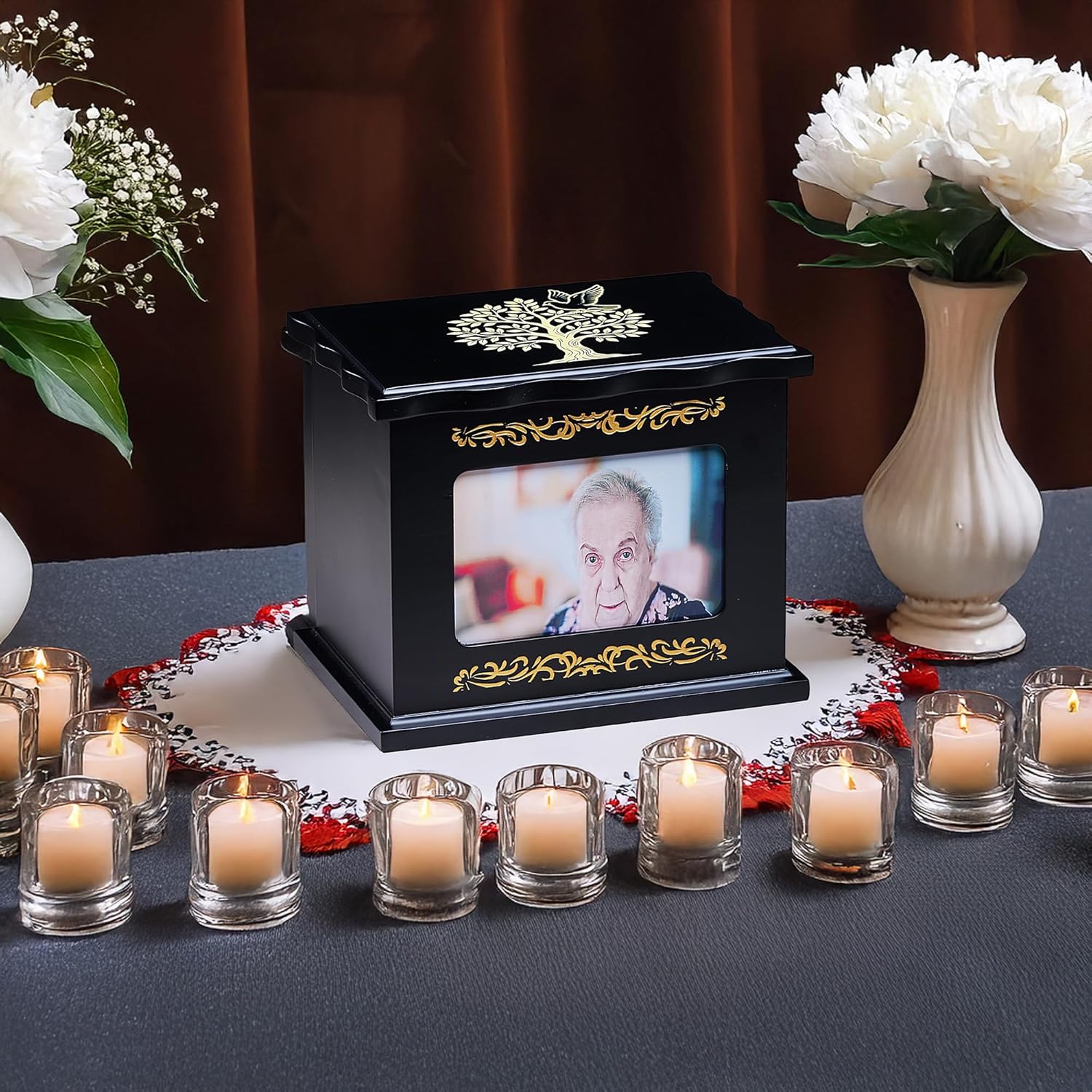 Solid Wood Memorial Urn with Photo Frame - Tree of Life & Dove Design, Crafted Black & Gold Funeral Urn, Unisex for Adults & Pets, Holds Up to 260 LBS, Ideal for Home Display