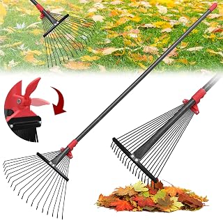 TAILERNRUYE 76 Inch Adjustable Leaf Rake - 18 Metal Tines Expandable 9-18 Inch Head Heavy Duty for Lawn Yard Garden Cleanup