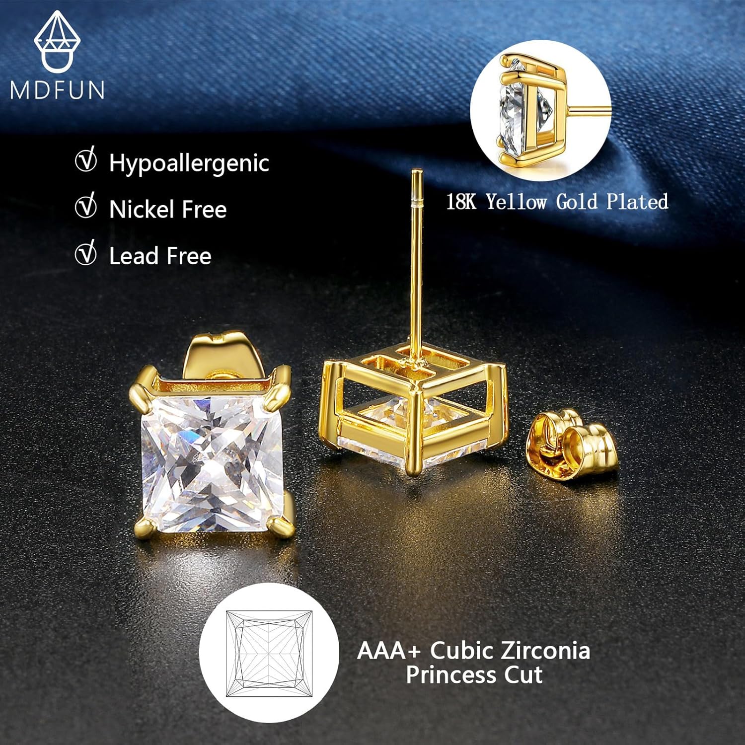 MDFUN 5 Pairs Square Earrings Set for Women Hypoallergenic 18K White Gold/Yellow Gold/Rose Gold Plated Princess Cut Clear Cubic Zirconia Stud Earring 3-7MM Pack of 5 - Image 5