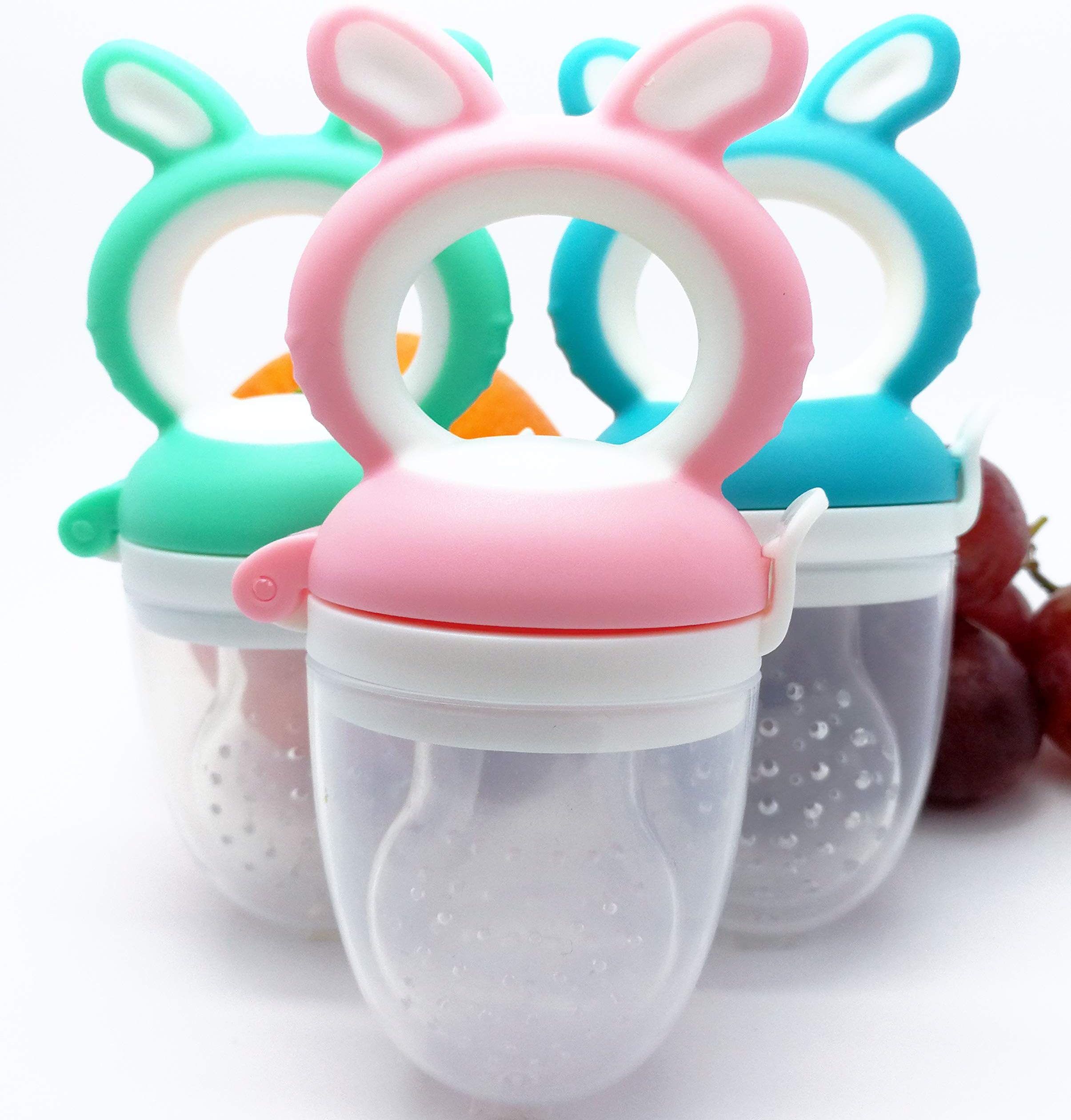 HoneyBun Baby Pacifier Feeder/Fruit Dummy + 1 Medium & 1 Large Teat + Carry CASE – for Three Months and Above - 100% Food Grade Silicone Ideal for weaning & Soothing