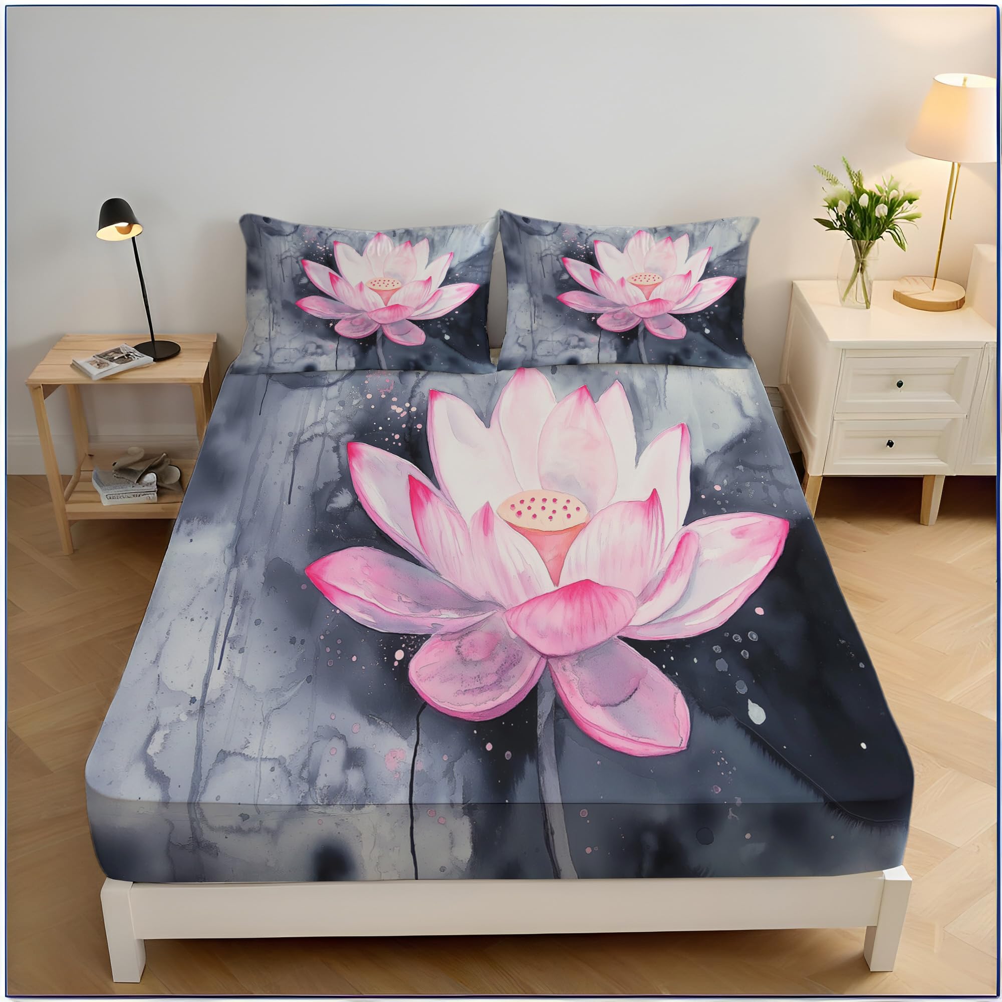 Drap housse 140x200cm lotus de rêve, parure de lit poétique avec 2 taies pour chambre fille