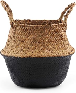 Woven Seagrass Belly Basket for Storage, Laundry, Picnic, Plant Pot Cover, and Grocery and Toy Storage Black,Medium