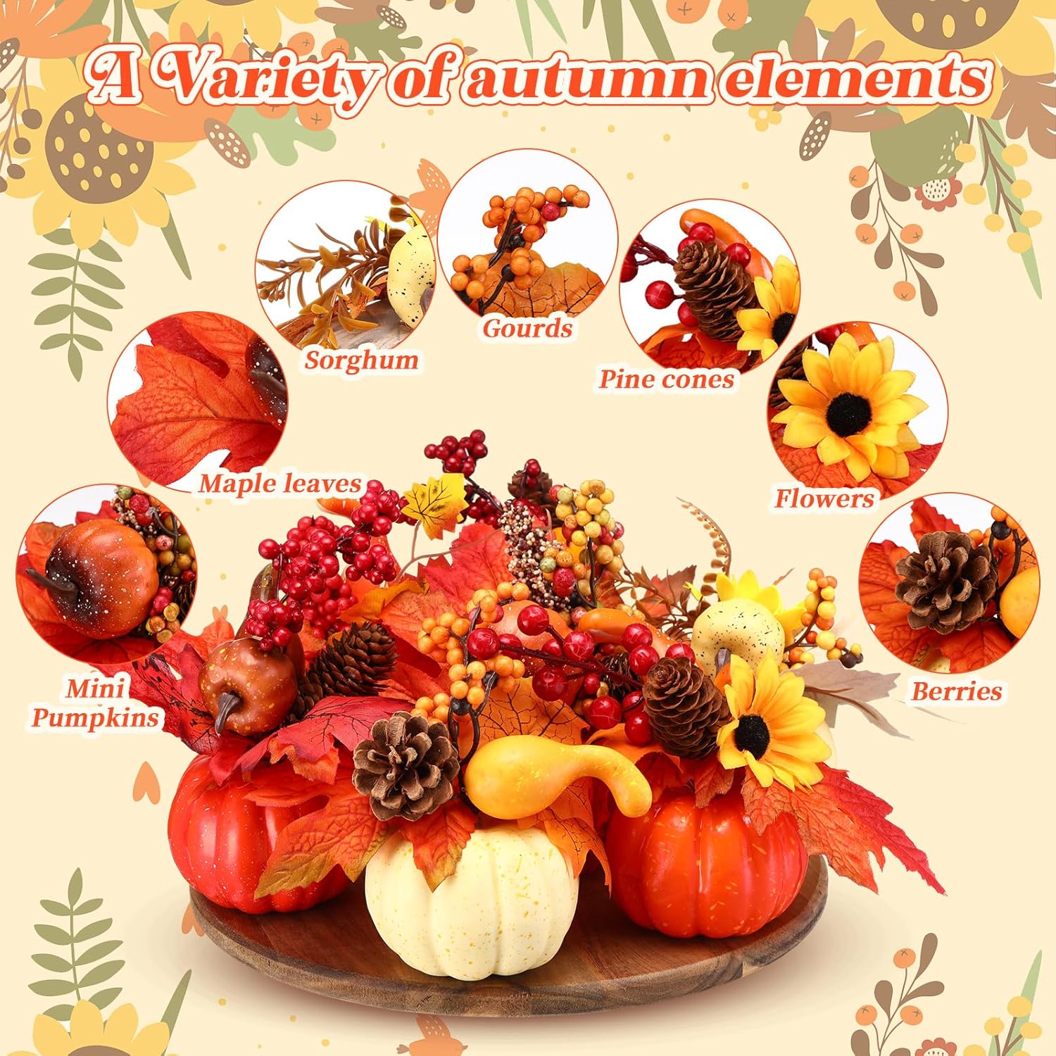 Wonderjune 8 Pcs Thanksgiving Pumpkin Decor Set Fall Table Centerpieces Fake Pumpkin Berry Acorn Pine Cone Maple Leaves for Autumn Thanksgiving Home Table Decorations (Orange,Beige)
