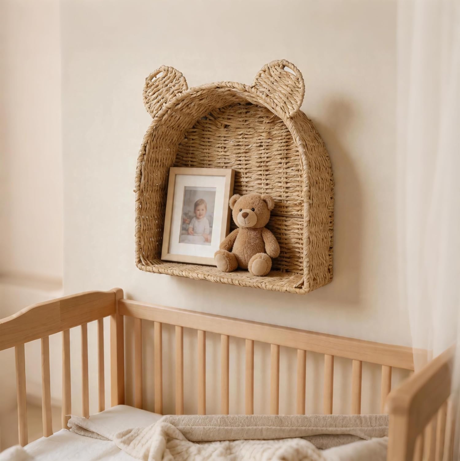 Arched Bear Nursery Wall Shelf, Handwoven Wicker Nursery Shelf for Wall, Wall Mounted Nursery Bookshelf for Small Books, Toys & Décor