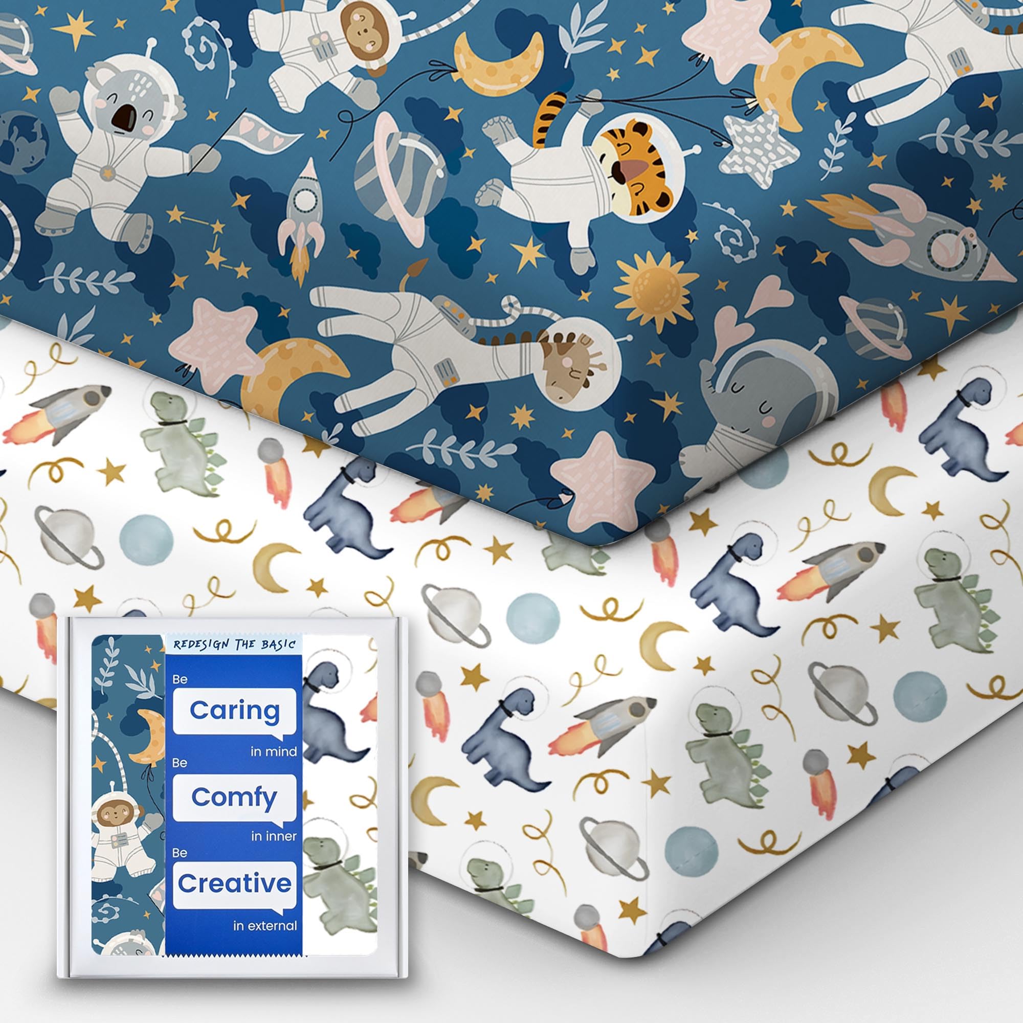 TotBasic Premium Fitted Baby Boy Crib Sheets (Animal Space + Dino Space)