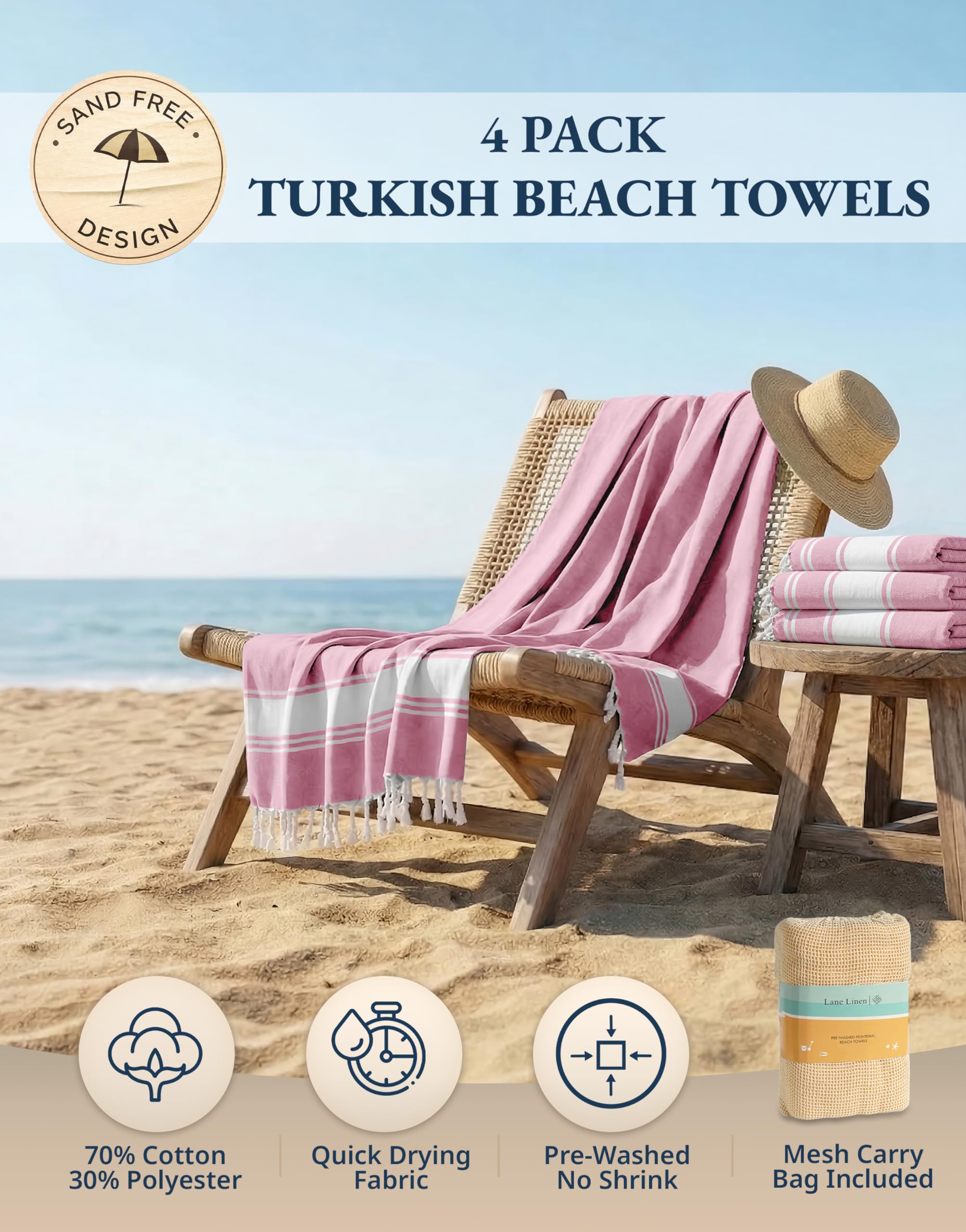 LANE LINEN – Ensemble de serviettes de plage turques, lot de 4 – Serviettes de plage, serviettes de piscine prélavées, serviette de plage extra grande, sèche rapidement et sans sable, serviette de