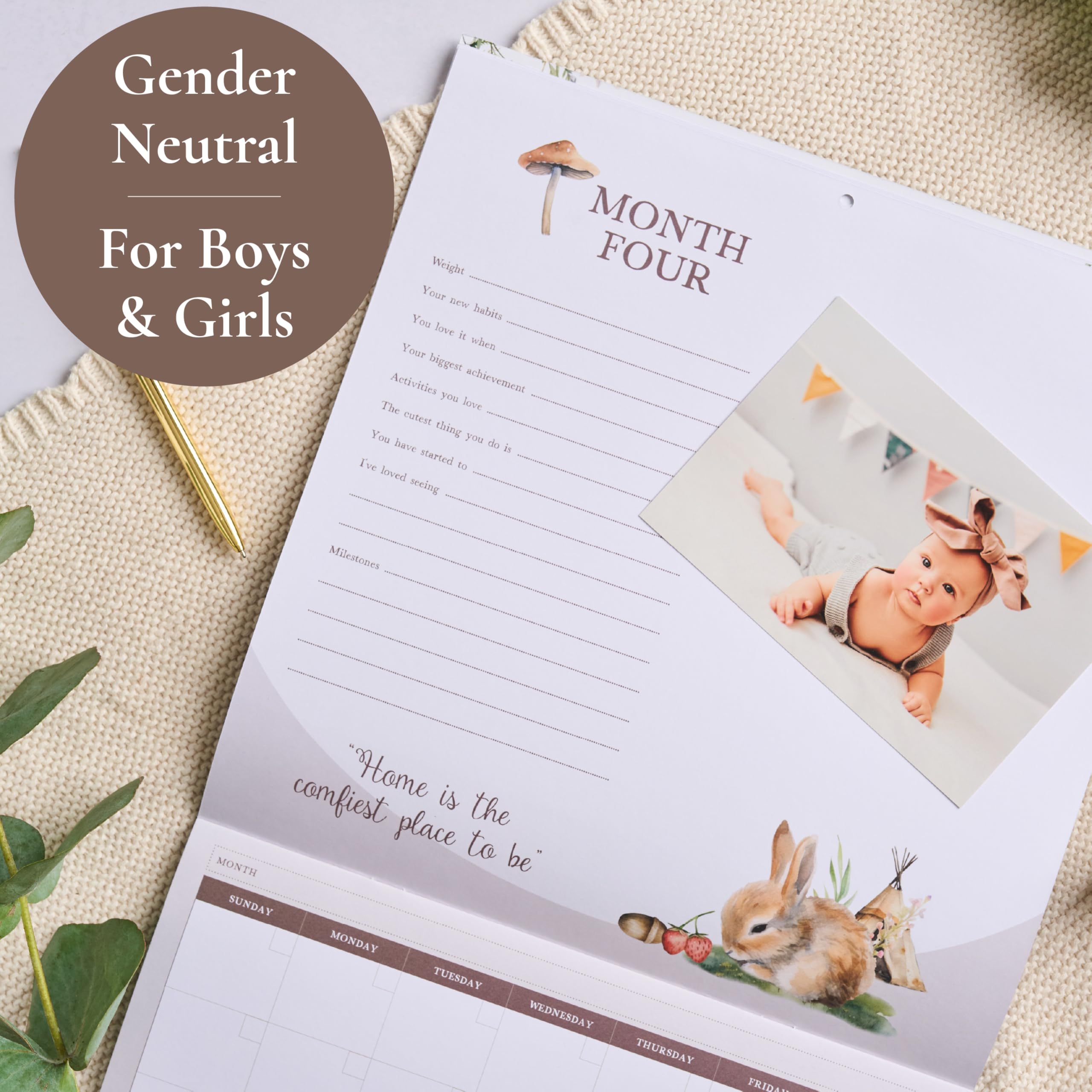 Baby erstes Jahr Kalender mit 100 Aufklebern - Waldtiere 1. Jahre Wandkalender mit Aufklebern, Baby Tracker, Baby Scrapbook für neue Mutter und Neugeborene Jungen & Mädchen