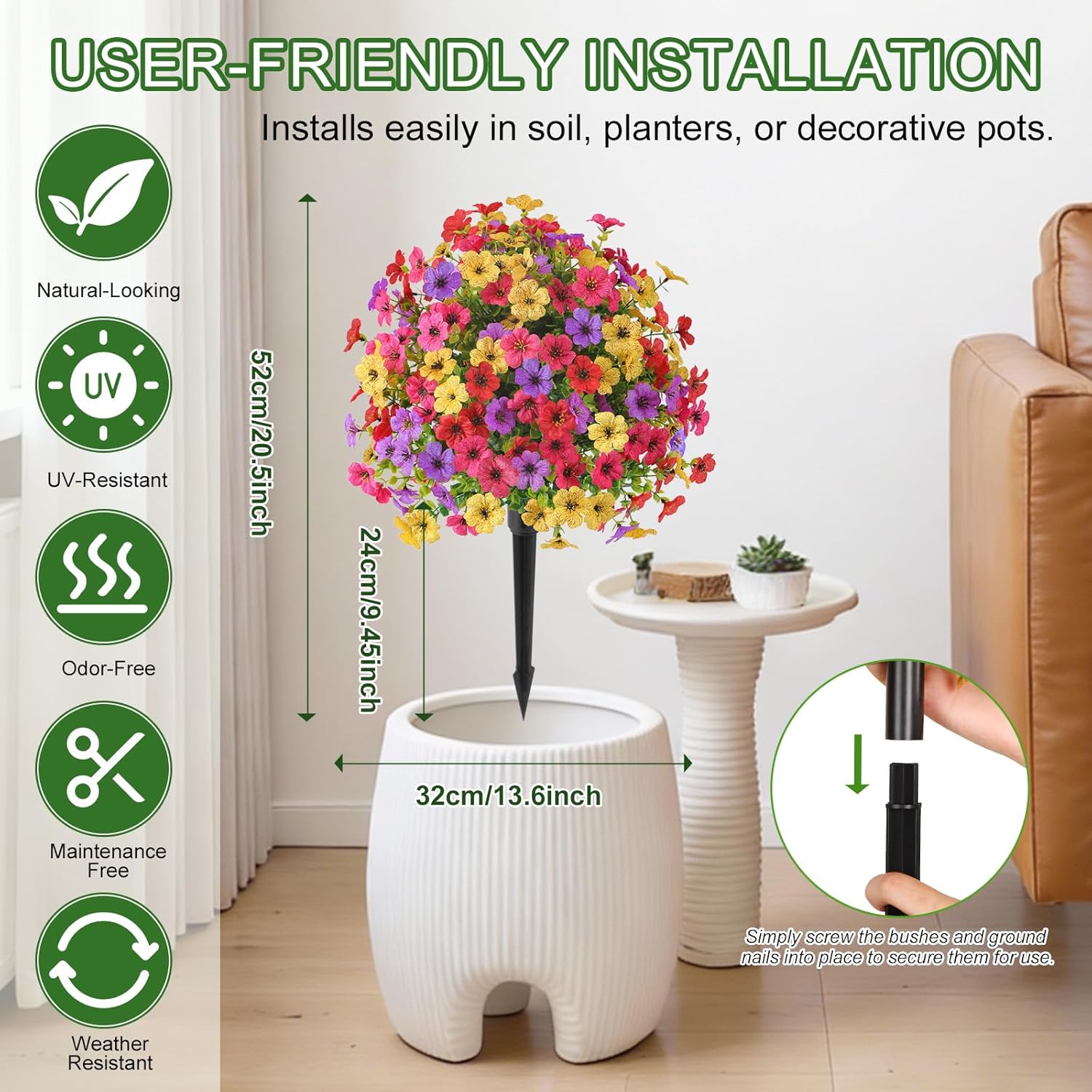 Alupssuc 2Pcs 20" Artificial Topiary Ball Flowers For Outdoors Planters, Spring Decoration with Spike, UV Resistant Faux Summer Plants, Fake Bushes Indoor Decor, Mix 4 Colors for Garden, Porch & Patio Red Rose Purple Yellow 2