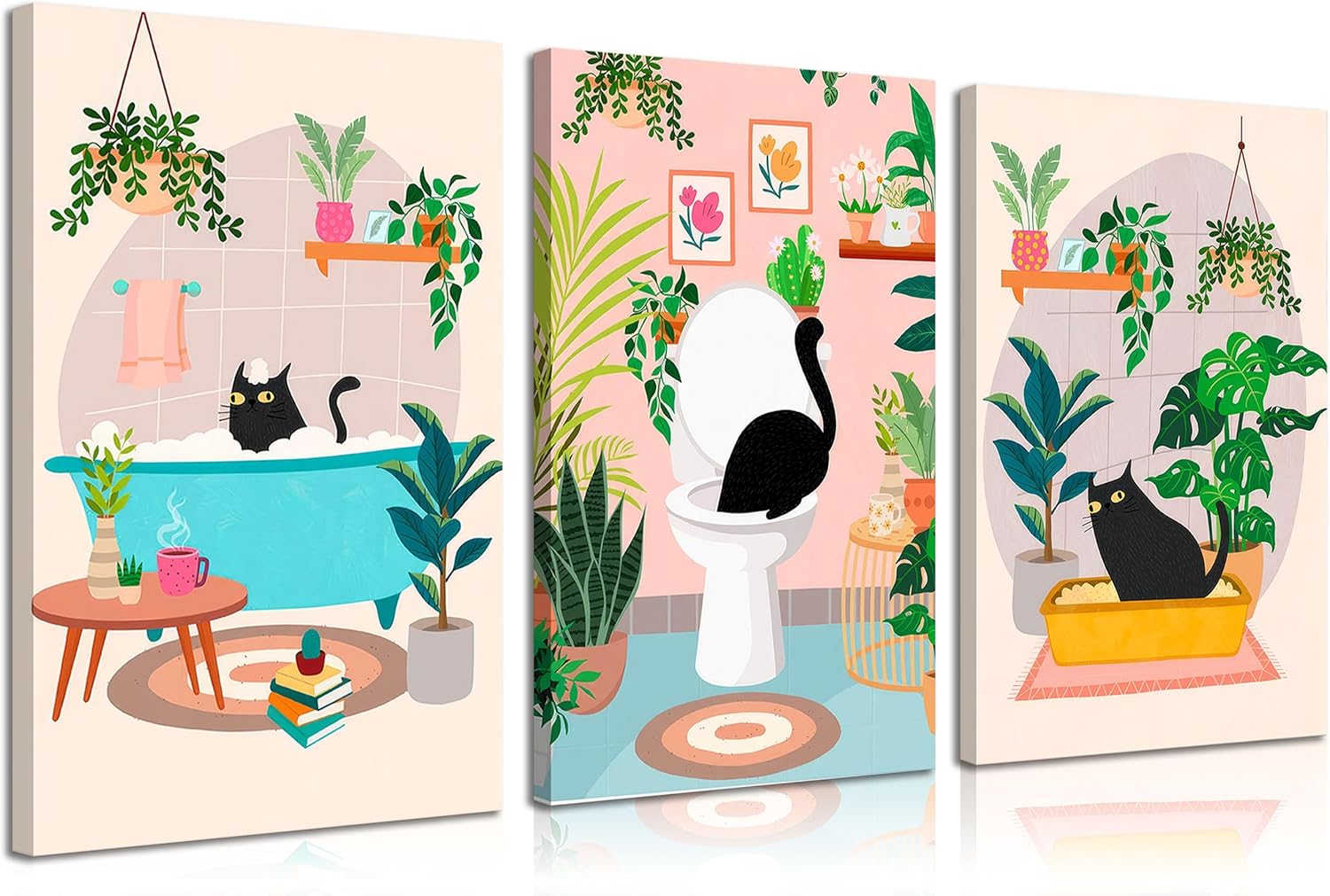 3pcs Black Cat Bathroom Canvas Wall Art Funny Cute Vintage Cats Wall Decor Pictures Green Plants Black Cat Posters Prints for Bathroom Toilet Decoration Ready To Hang