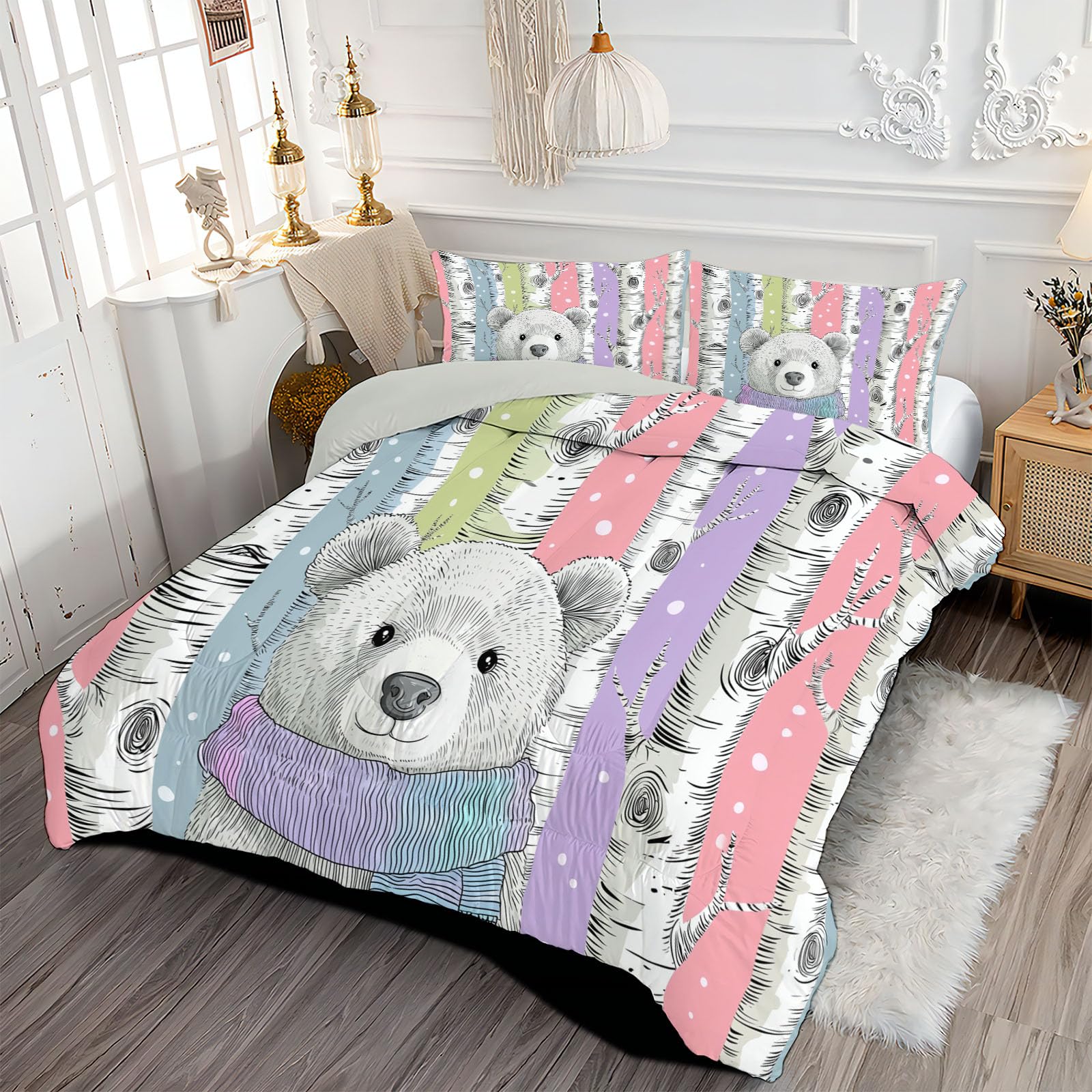 Trapunta Letto Matrimoniale 4 Stagioni Piumone per Bambini, Cartone Animato Panda Leggero Betulla Strisce Set di Biancheria da Letto 200x200cm con 2 Federe,Piumino Lavabile In Lavatrice