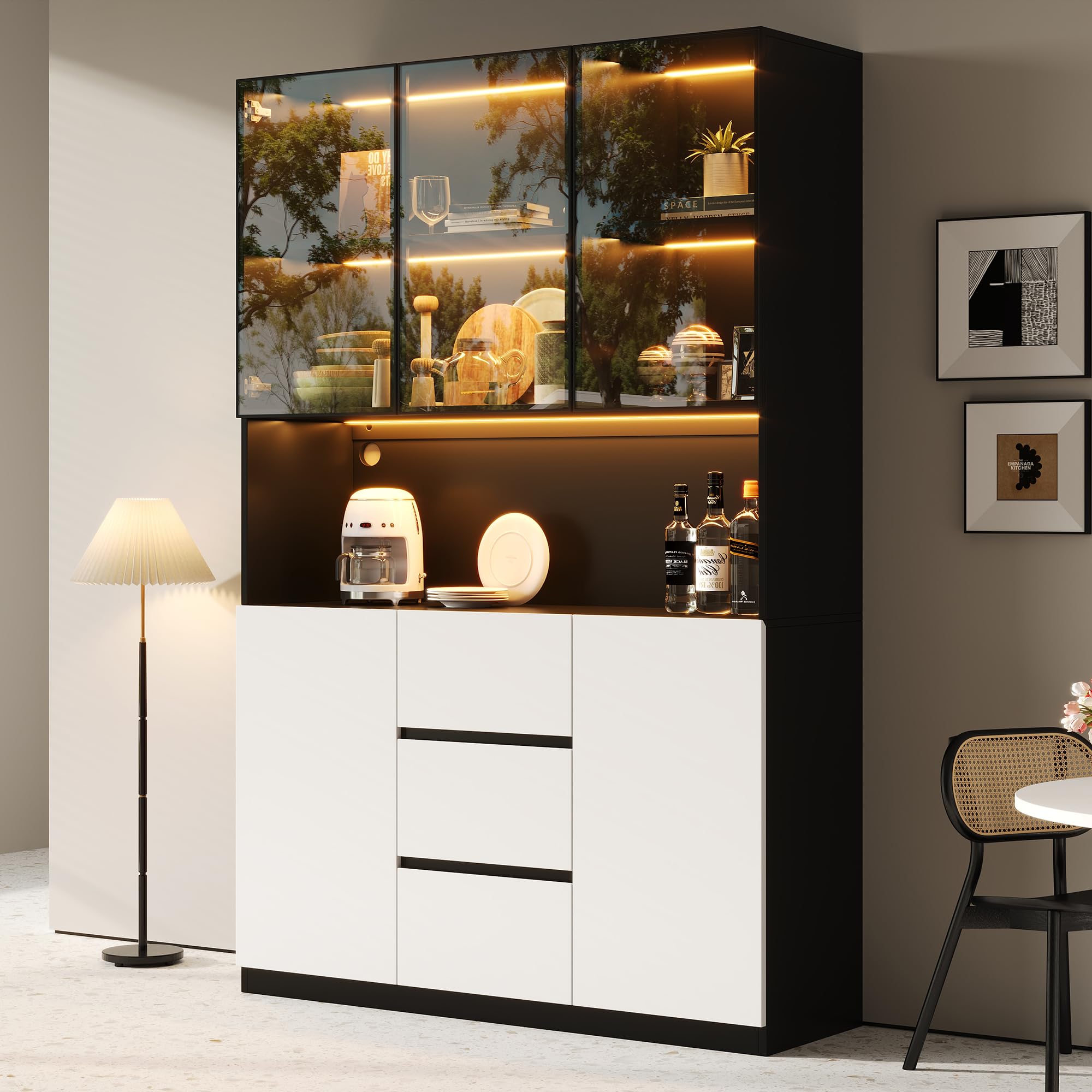Dolamaní Armadio alto 120 × 40 × 200 cm, armadio da cucina, buffet con illuminazione a LED, scaffali aperti, 3 cassetti e 2 ante, vetrina in vetro, per soggiorno, sala da pranzo (bianco+nero)