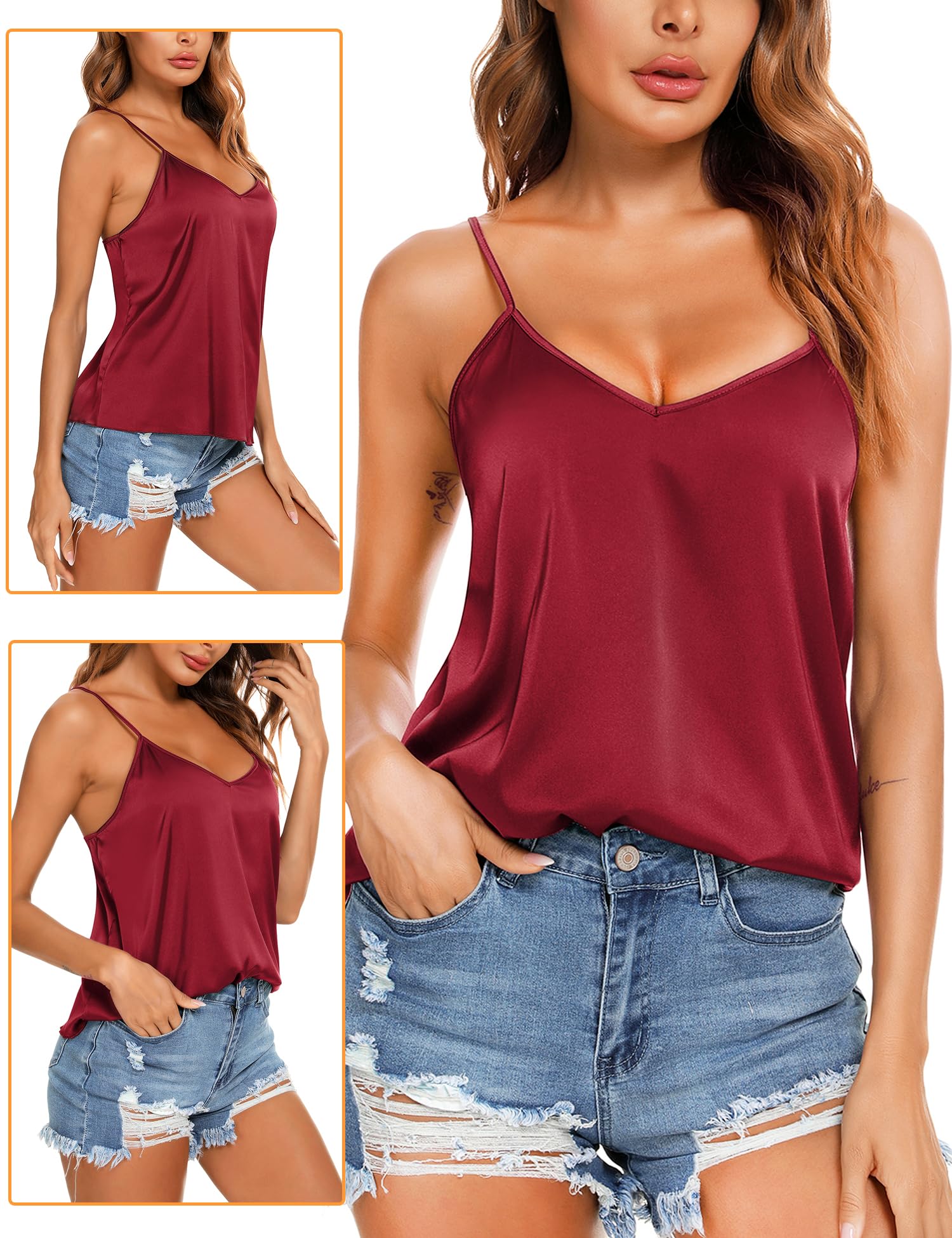 VIDUSSA Damen Satin Cami Tank Top Basic Shirt V-Ausschnitt Ämellose Blusen Seidentop Oberteile Pack