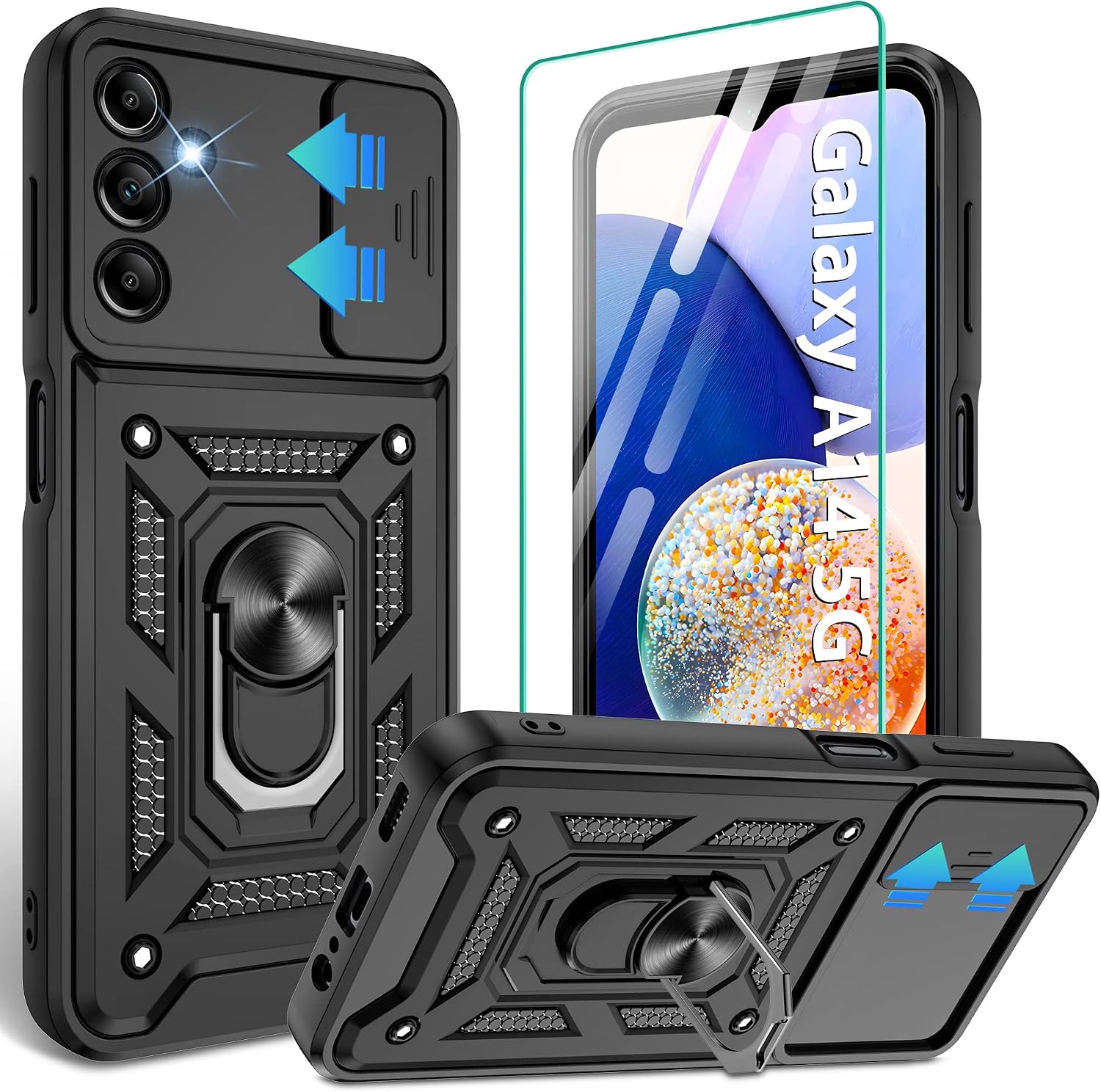Compatible with Galaxy A14 5G Phone Case,Samsung A14 5G Case with HD Screen Protector with Slide Camera Cover, 360°Rotation Ring Kickstand [Military Grade] Case for Galaxy A14 5G,Black